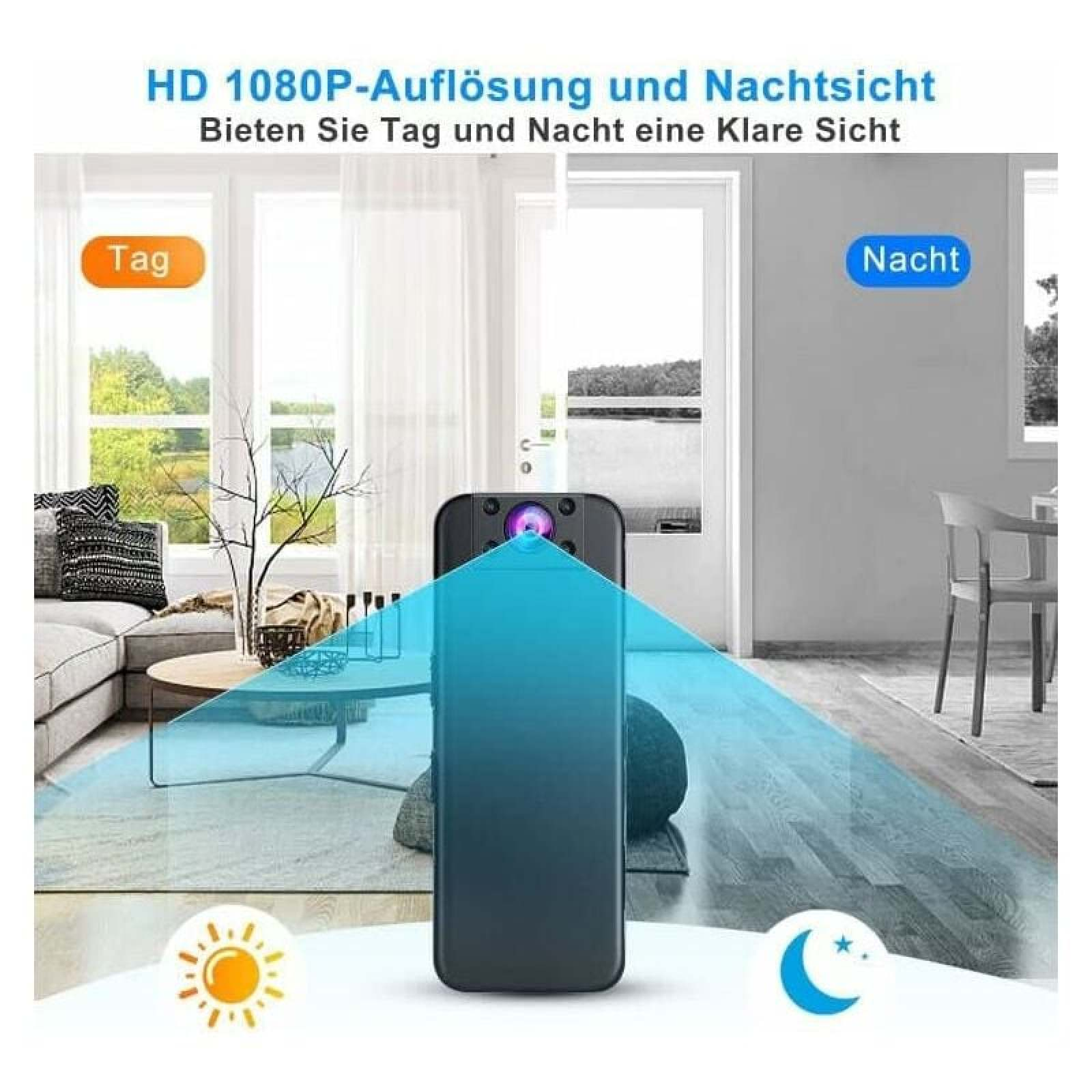 Kamera mit Tag- und Nachtsicht in HD-Auflösung in einem Wohnzimmer.