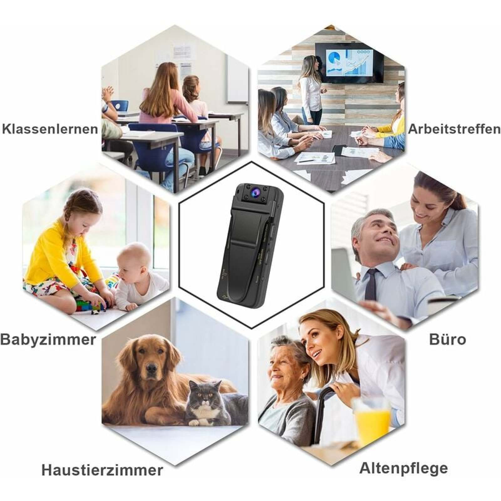 Collage zeigt verschiedene Szenarien: Klassenzimmer, Büro, Babyzimmer, Haustiere, Altenpflege und ein Gerät.