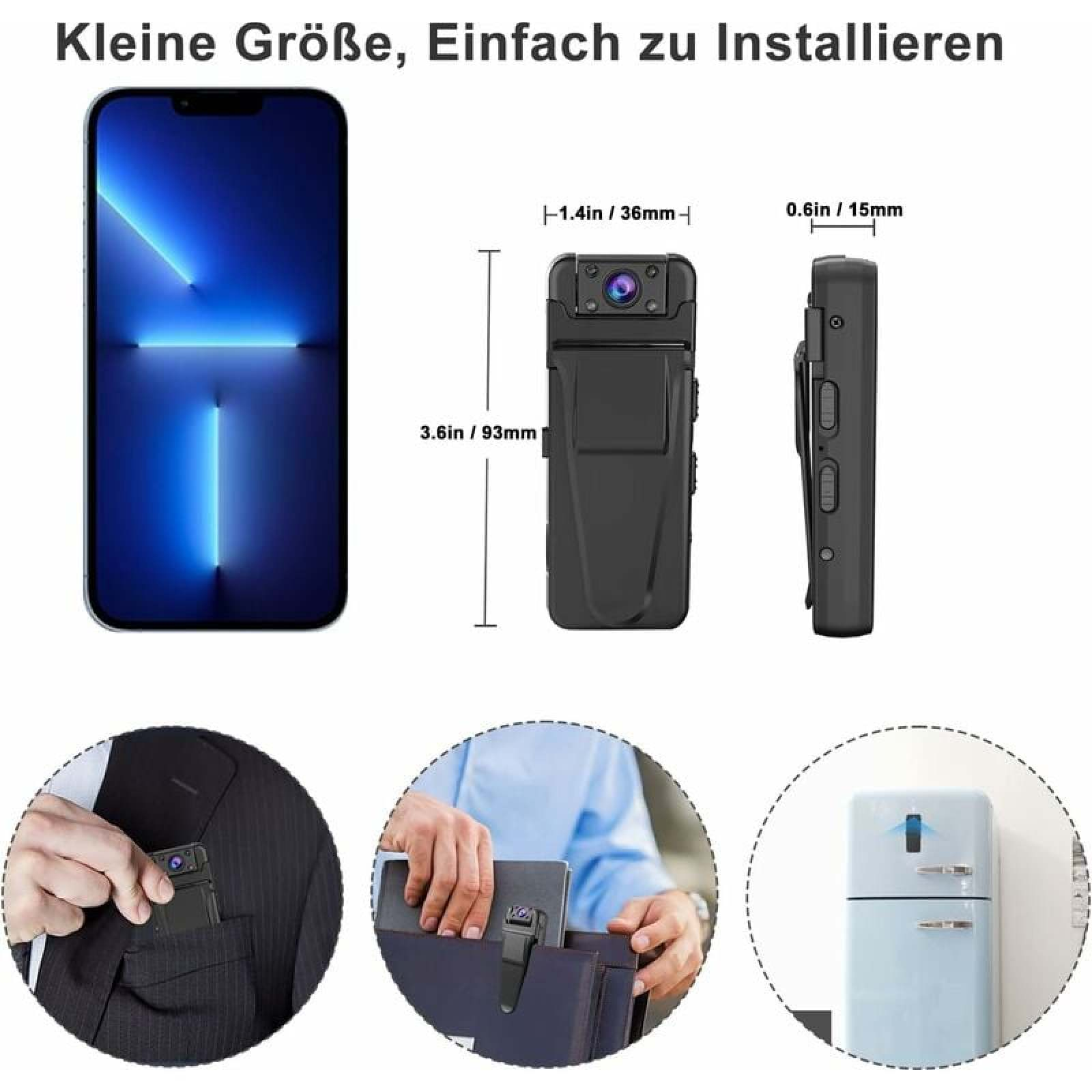 Eine Mini-Kamera, ein Smartphone und ein Kühlschrank werden gezeigt.