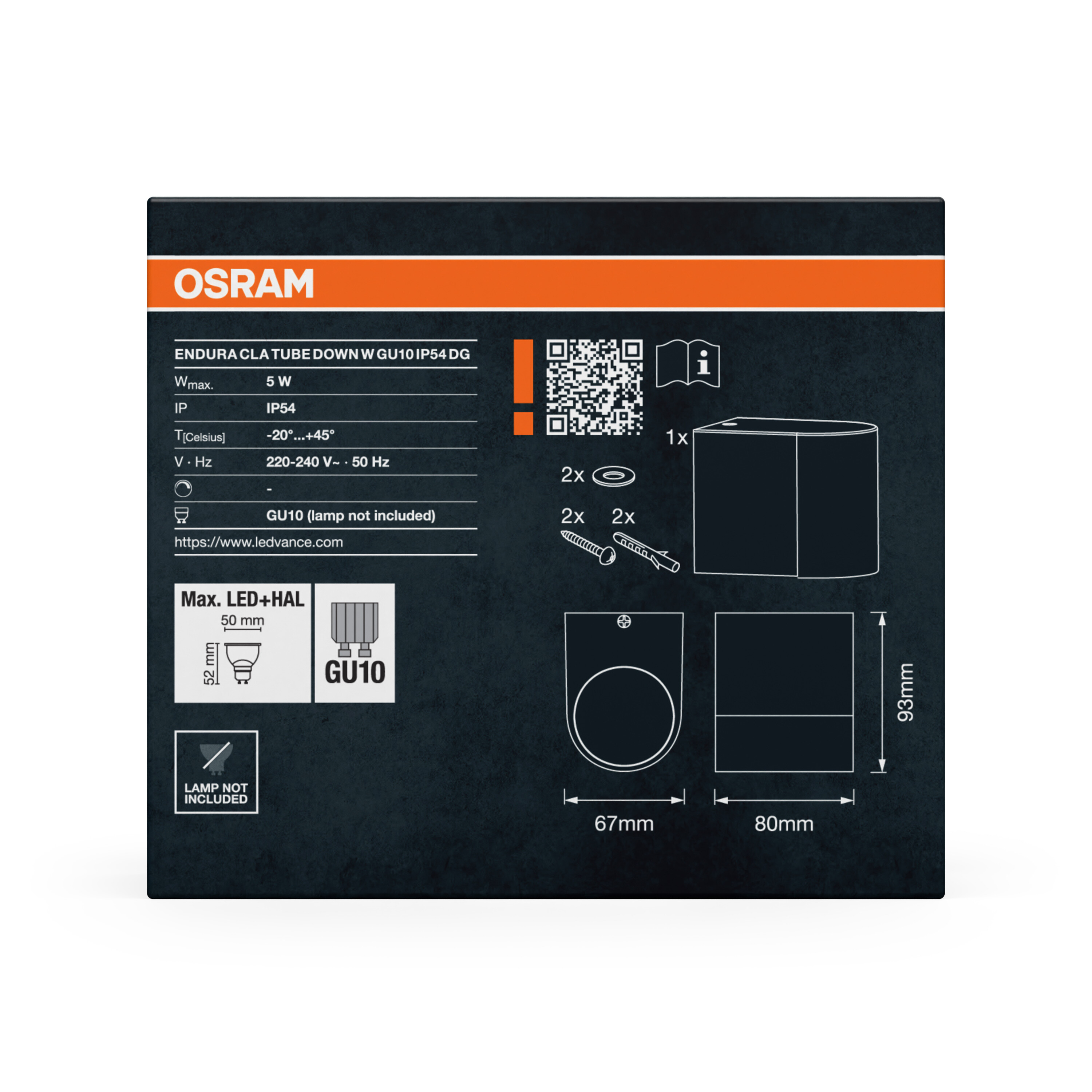 OSRAM Verpackung mit technischen Daten und Maßen für eine Leuchte.