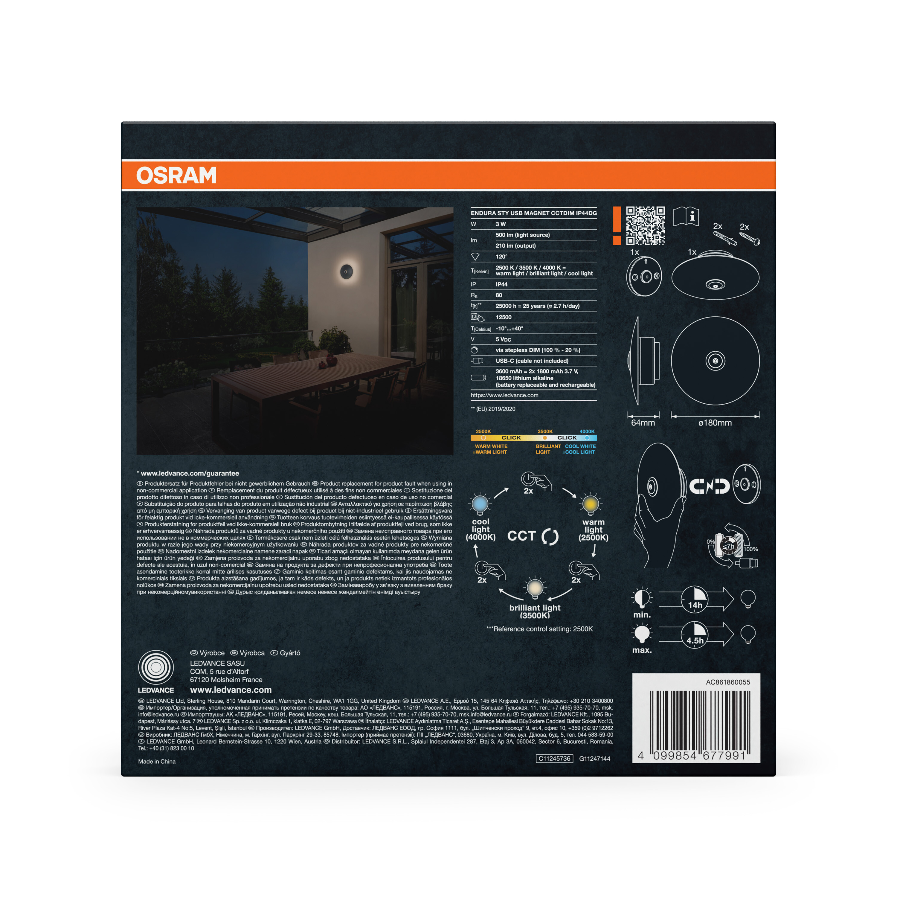 OSRAM-Verpackung mit Produktdetails und Abbildungen einer Außenleuchte.