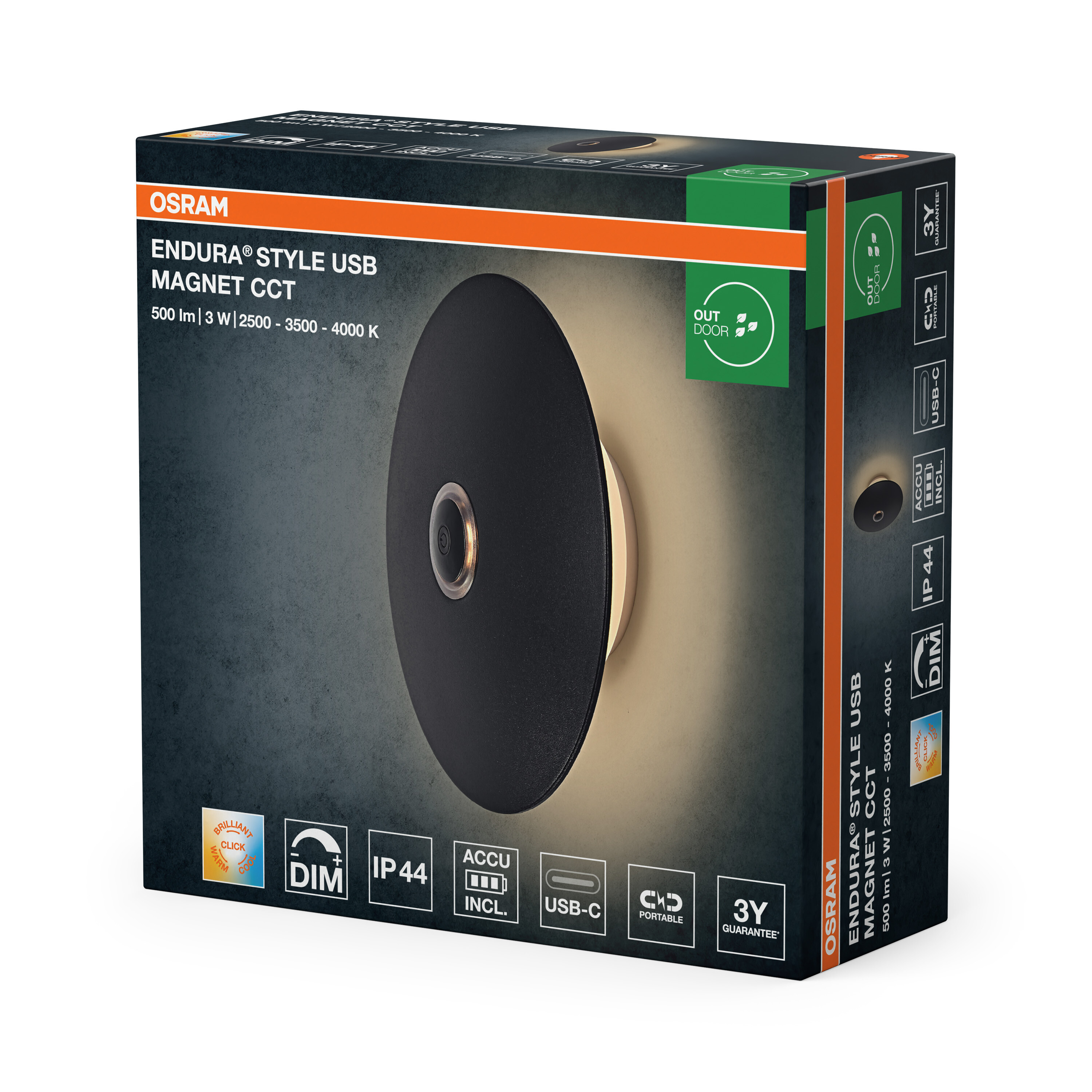 Osram Endura Style USB Magnet CCT Lampe auf dunkler Verpackung, mit Symbolen.