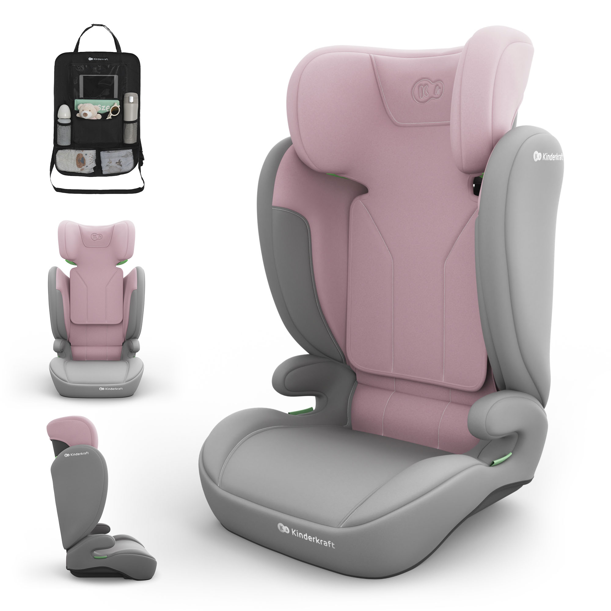 Ein rosa und grauer Kindersitz mit einem Organizer für das Auto.