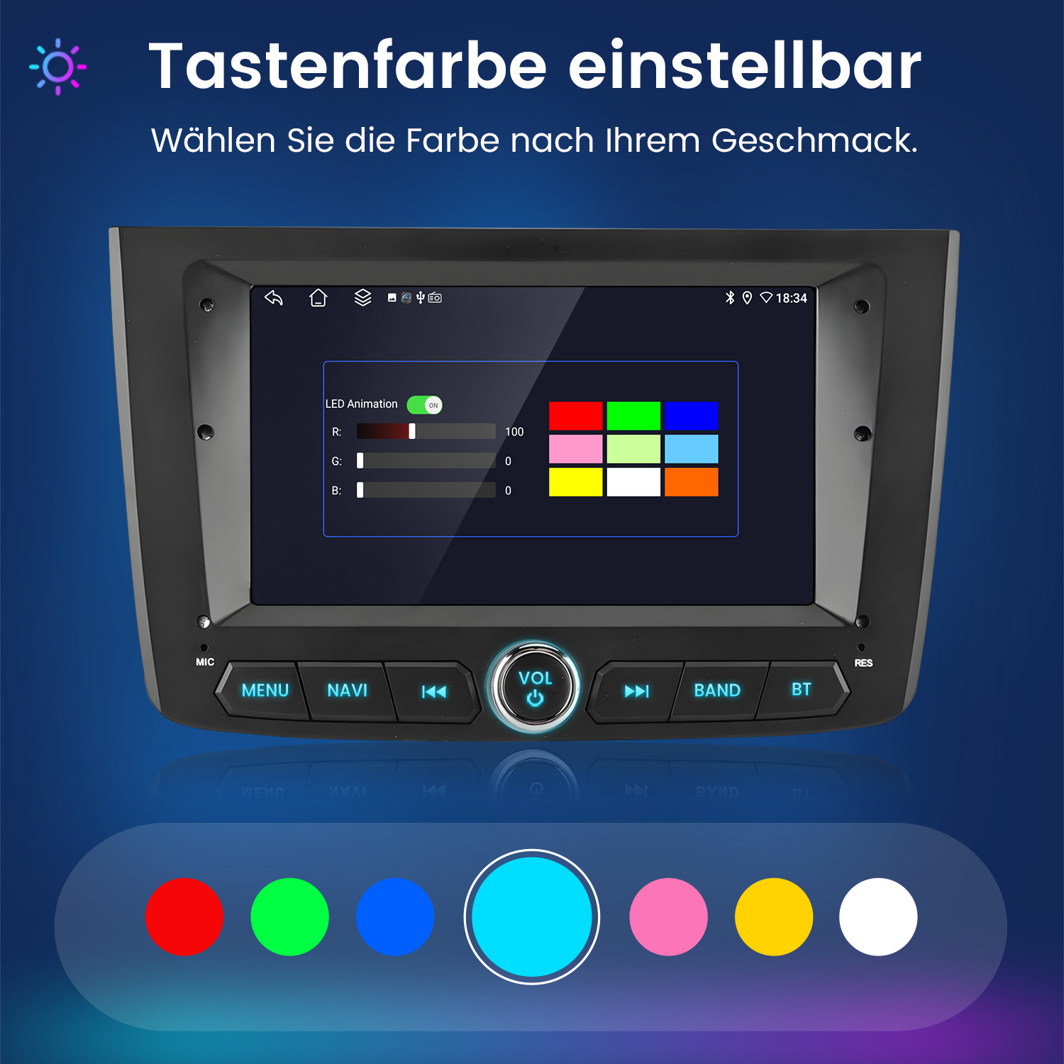 Ein Autoradio-Display zeigt Optionen zur Einstellung der Tastenbeleuchtung mit Farbauswahl.