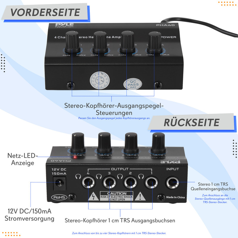 Vorder- und Rückansicht eines schwarzen Kopfhörerverstärkers mit Reglern und Anschlüssen.