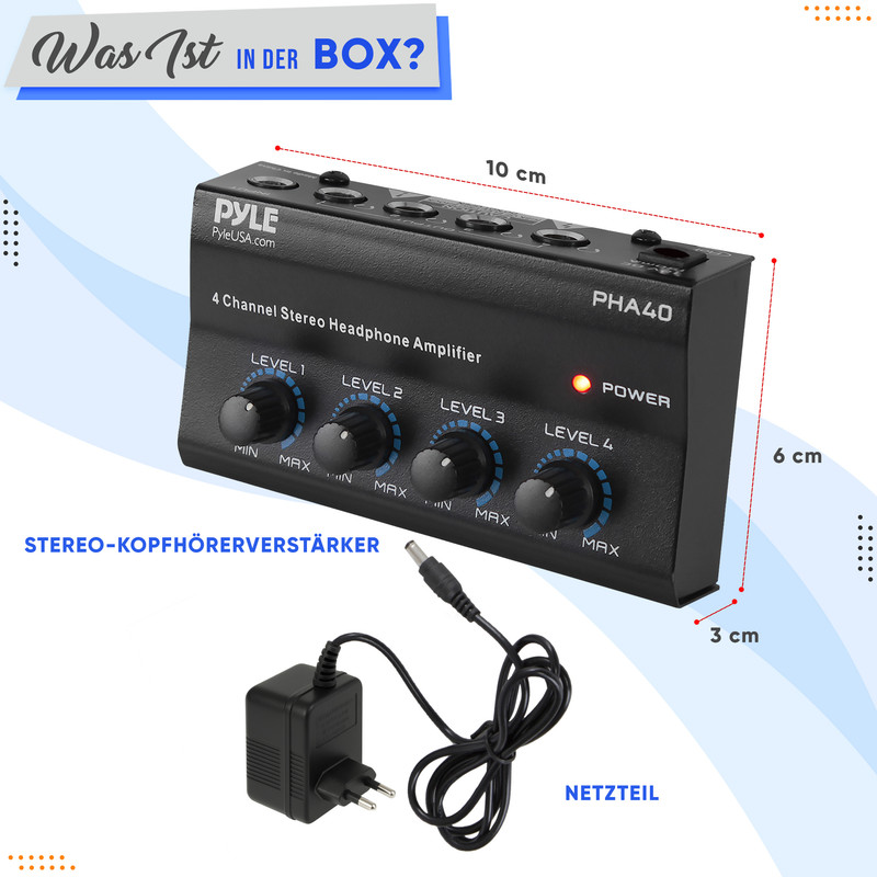 Schwarz 4-Kanal-Stereo-Kopfhörerverstärker mit Netzteil, 10x6x3cm.