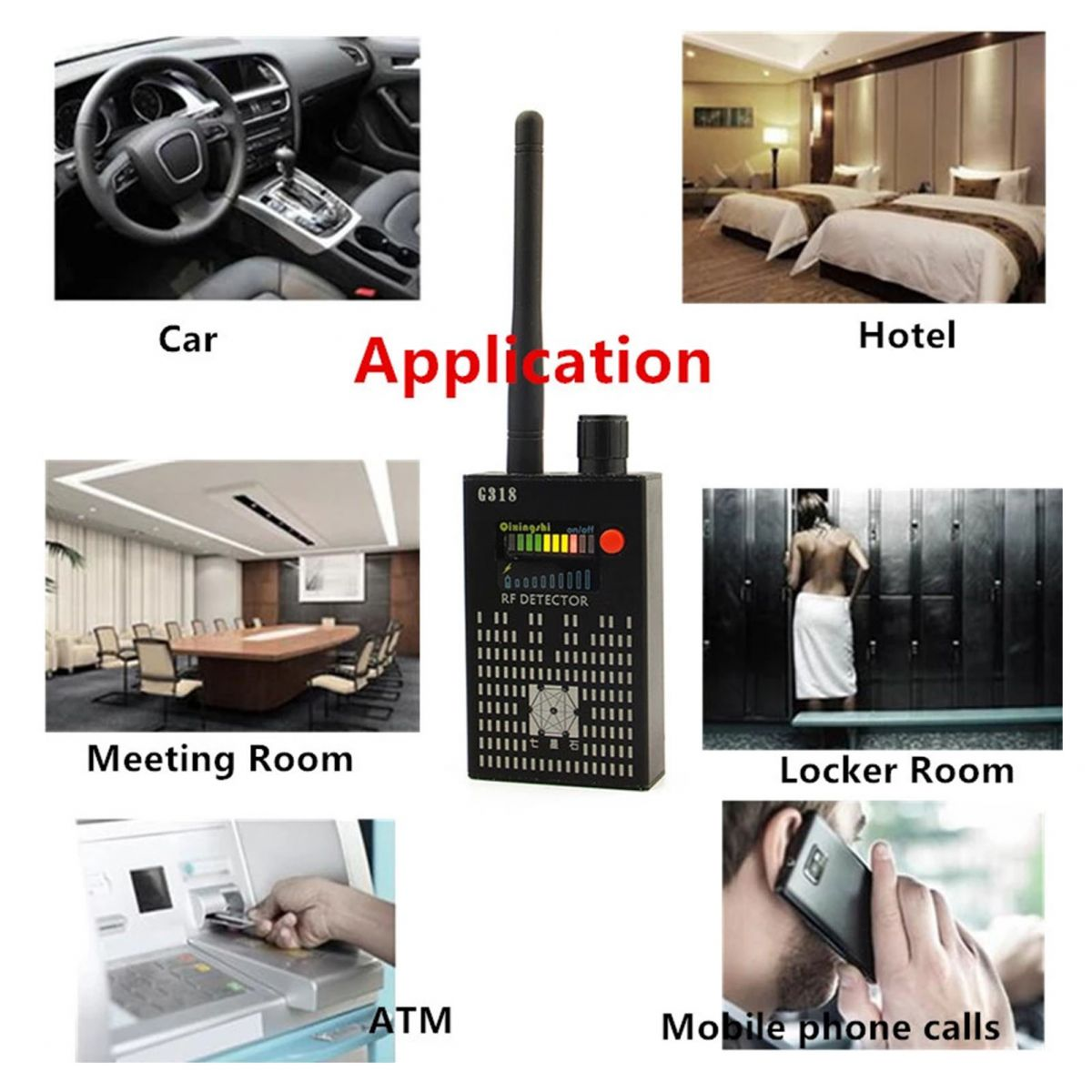 Anwendung des RF-Detektors in Auto, Hotel, Besprechungsraum, Umkleidekabine, Geldautomat und bei Handygesprächen.