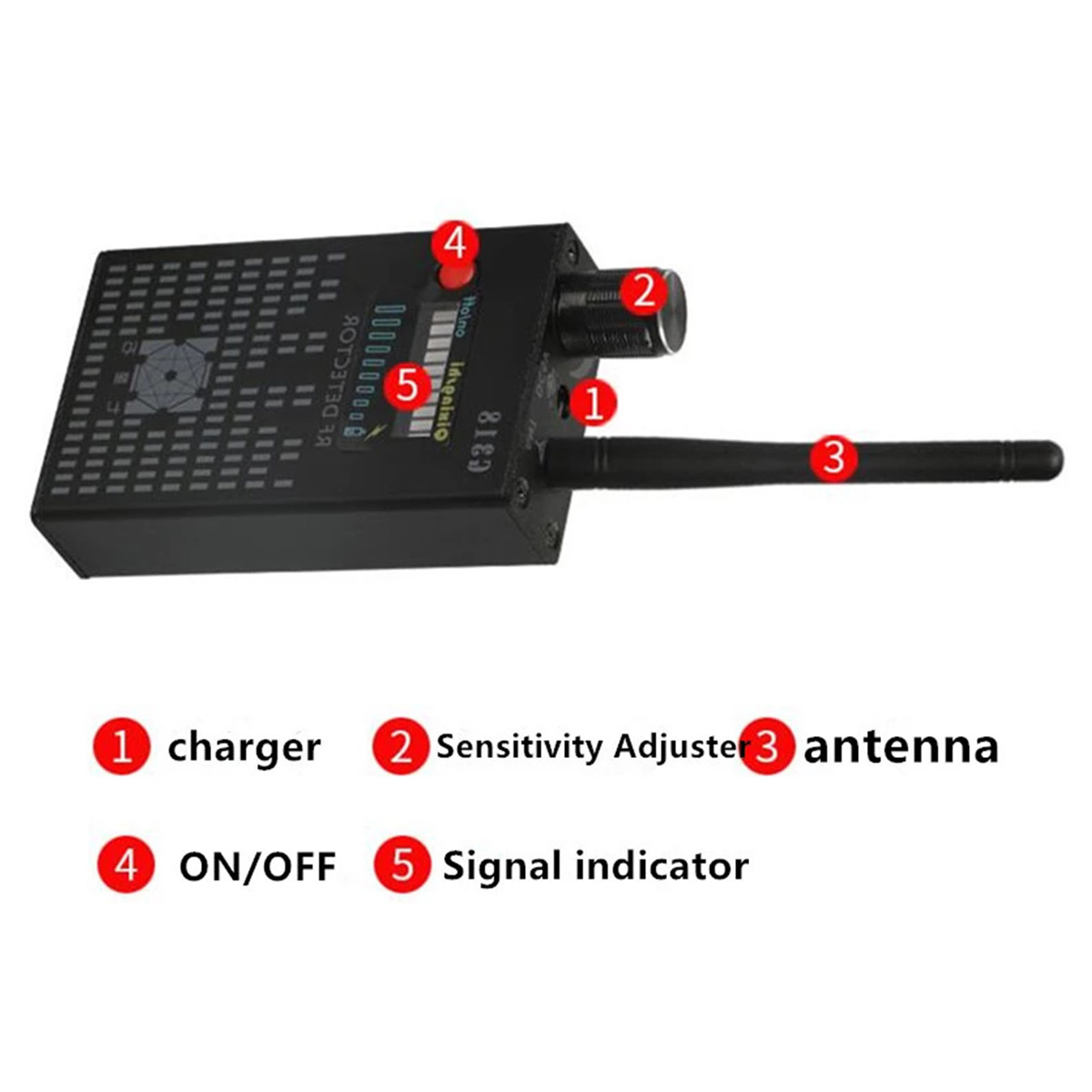Ein schwarzes Gerät mit Antenne, Ladeanschluss, Empfindlichkeitsregler, Ein/Aus-Schalter und Signal-LED.