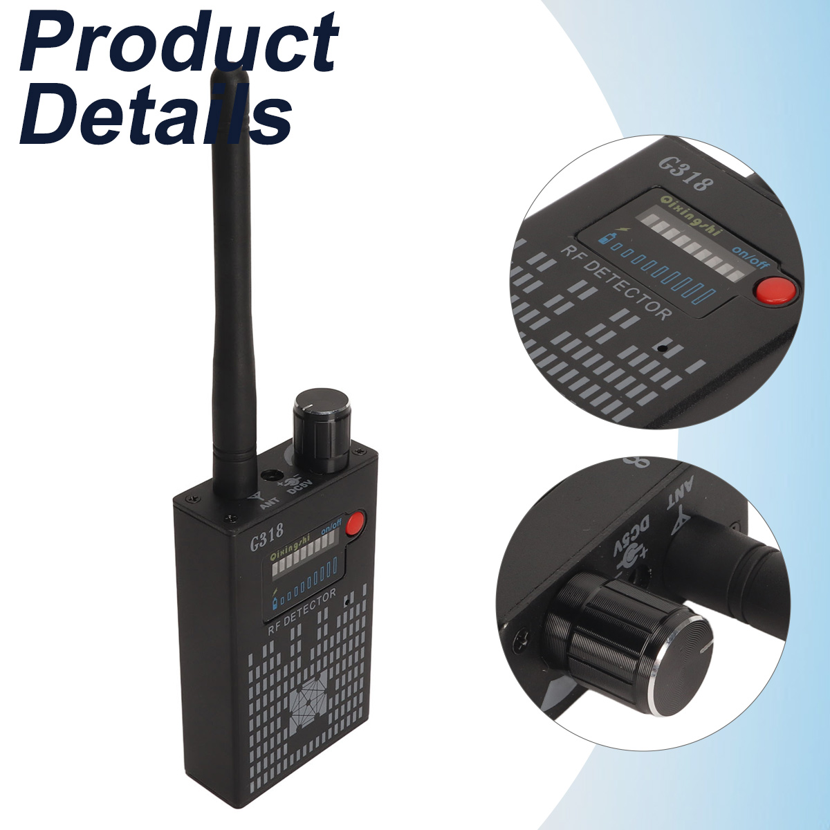 Ein schwarzes RF-Detektor-Gerät mit Antenne, Bildschirm und Bedienelementen.