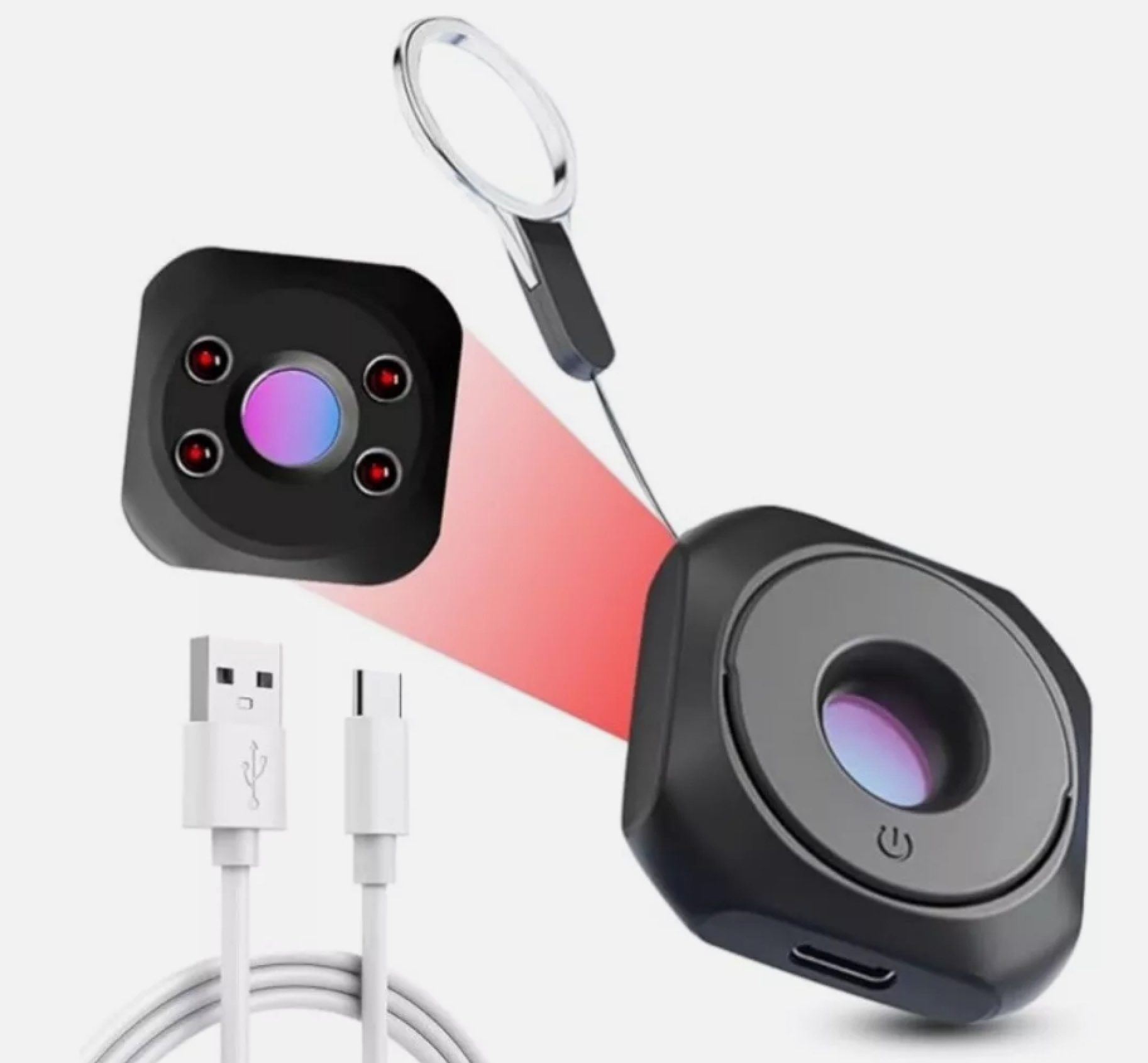 Kleine schwarze Kameras mit roten Lichtern, USB-Kabeln und einer Schlaufe.