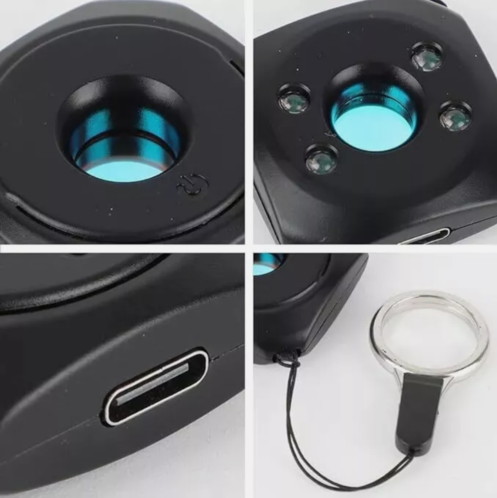 Schwarzes Gerät mit blauer Linse, USB-Anschluss und Schlüsselanhänger-Schlaufe.
