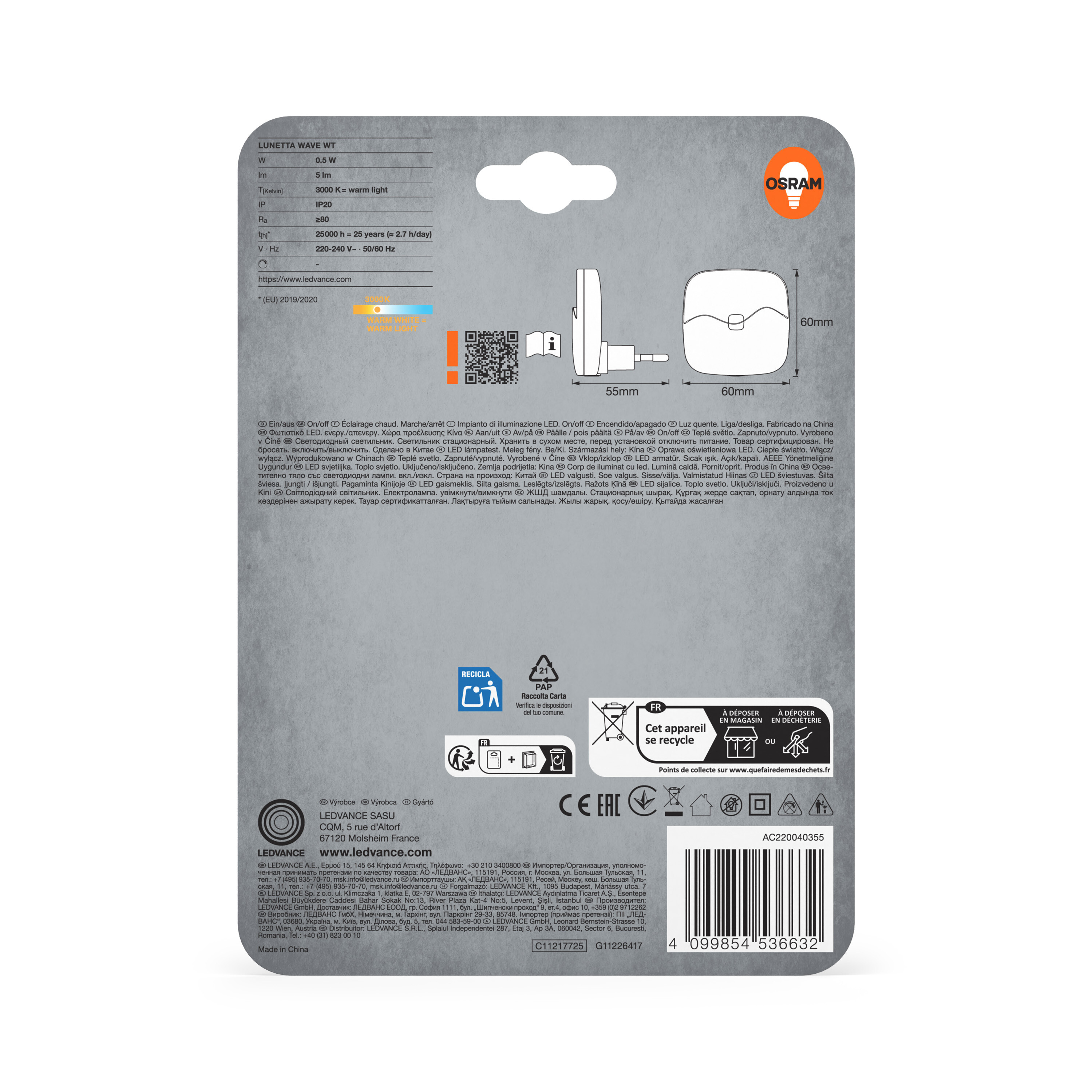 Verpackung eines LED-Nachtlichts von OSRAM, mit technischen Daten und Recycling-Symbolen.