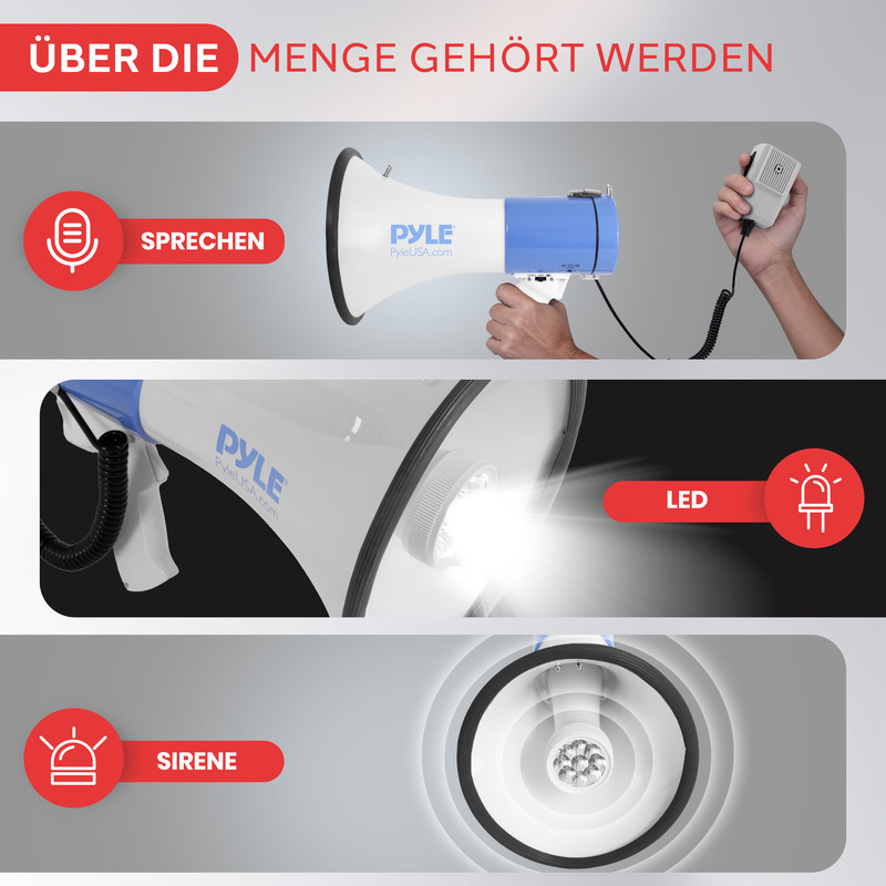 Ein Megafon mit Mikrofon, LED und Sirene wird gezeigt.