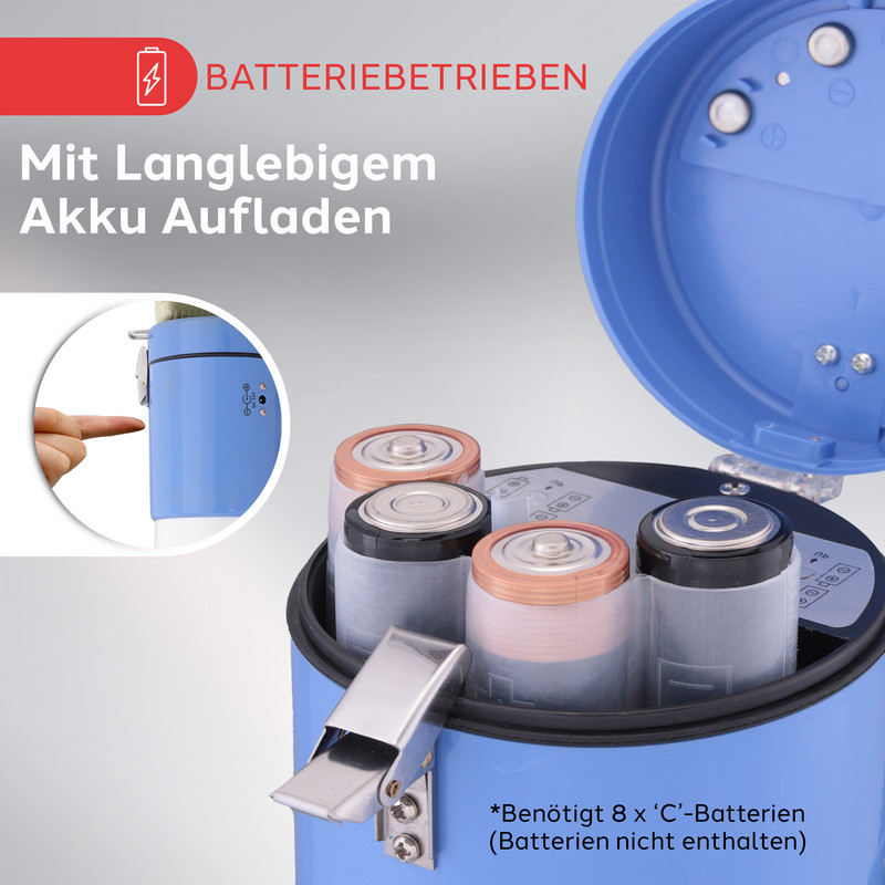 Gerät mit Batteriefach und C-Batterien. Deutsche Texte.
