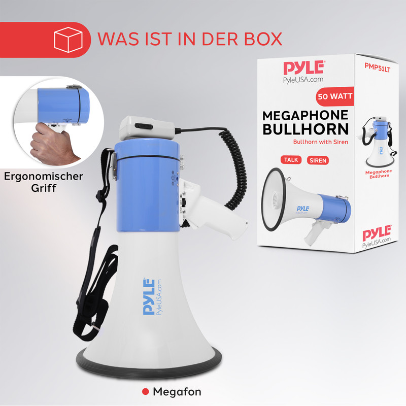 Ein weiß-blauer Megafon mit Mikrofon und Kordel. Die Box daneben zeigt das Produkt.