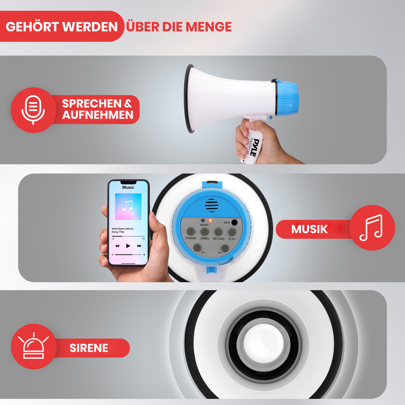 Megafon mit Sprech-, Aufnahme-, Musik- und Sirenenfunktionen, mit Handy.