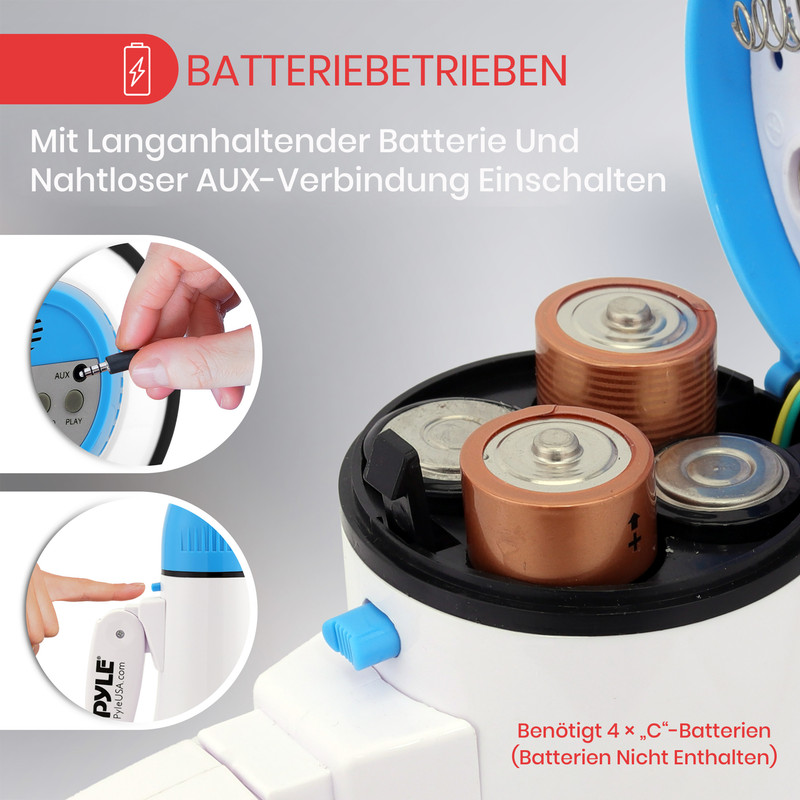 Batteriefach mit vier C-Batterien und AUX-Anschluss wird gezeigt.