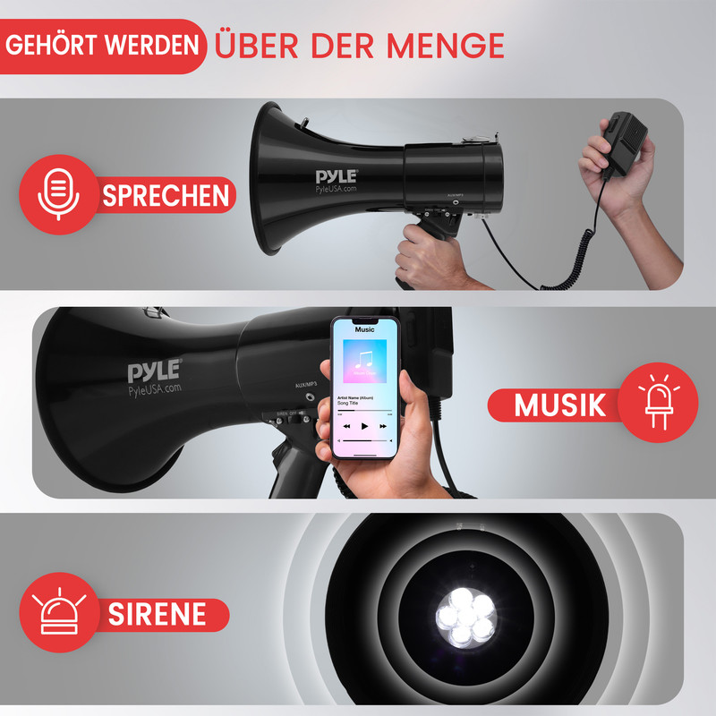 Megafon zeigt Sprechen, Musik und Sirene mit Handy und einem Handgriff.