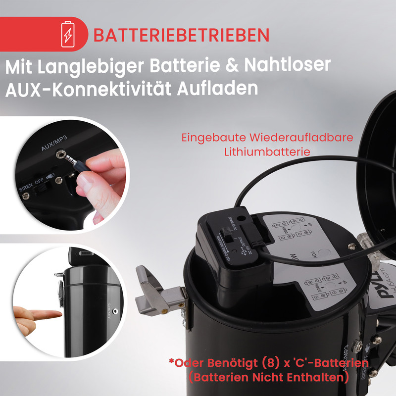 Nahaufnahme eines Geräts mit AUX-Anschluss und Ladeanzeige. Batterieoptionen werden gezeigt.