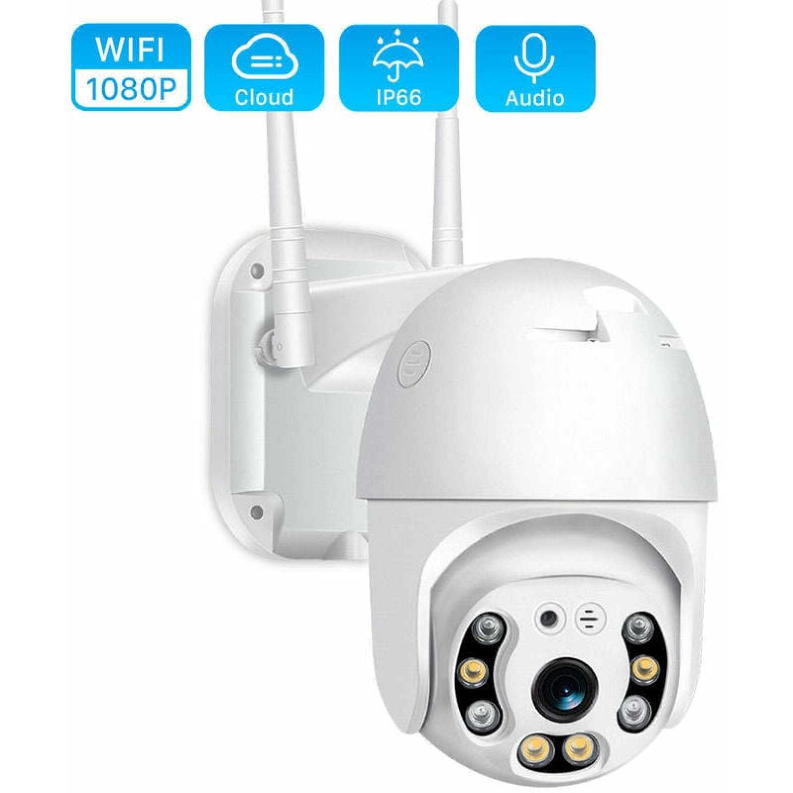 Weiße Überwachungskamera mit 1080P WiFi, Wolke, IP66, Audio, Antennen.