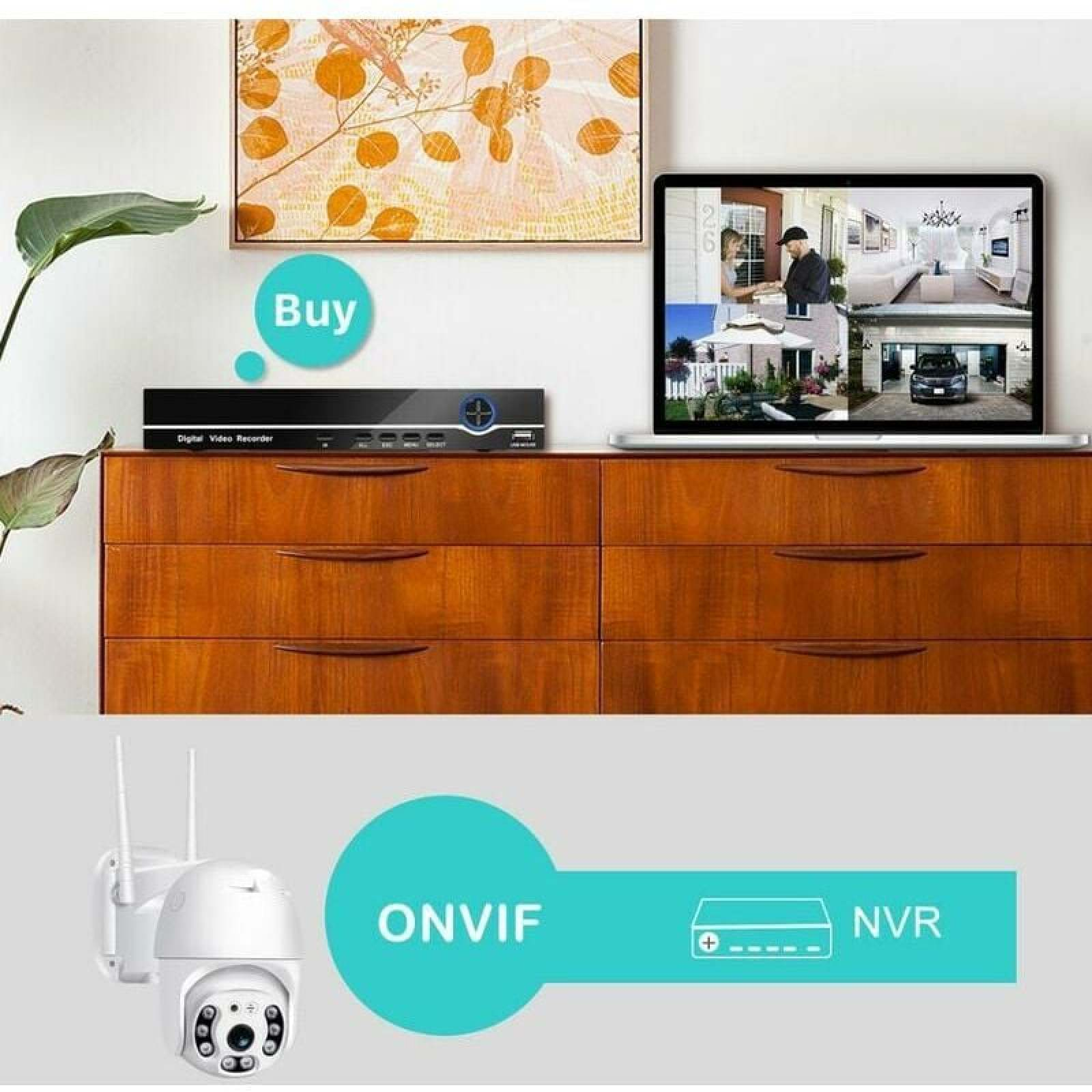 Ein NVR-Gerät, eine Überwachungskamera und ein Laptop mit vier Ansichten.