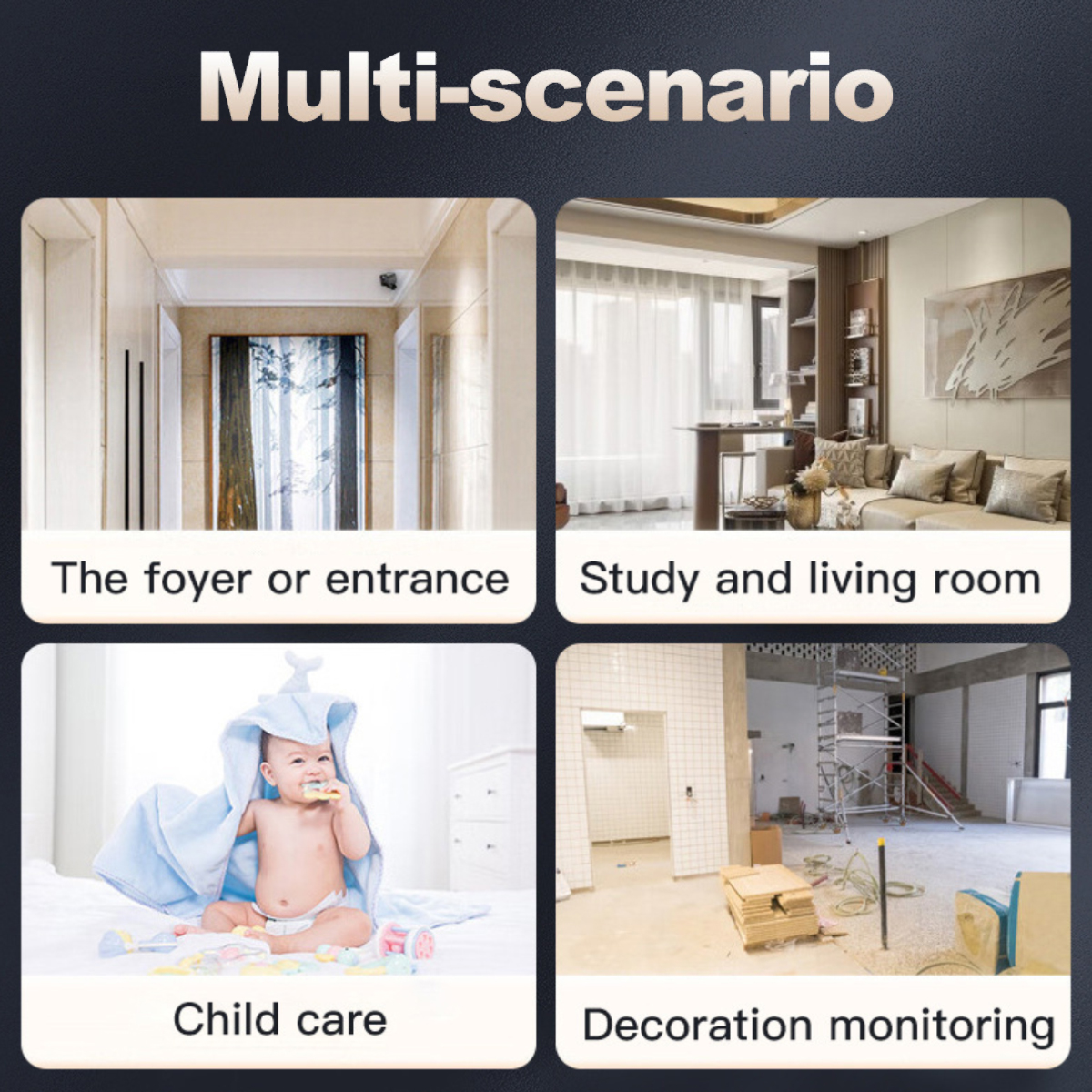 Vier Szenarien: Foyer, Wohnzimmer, Kinderbetreuung und Bauüberwachung.