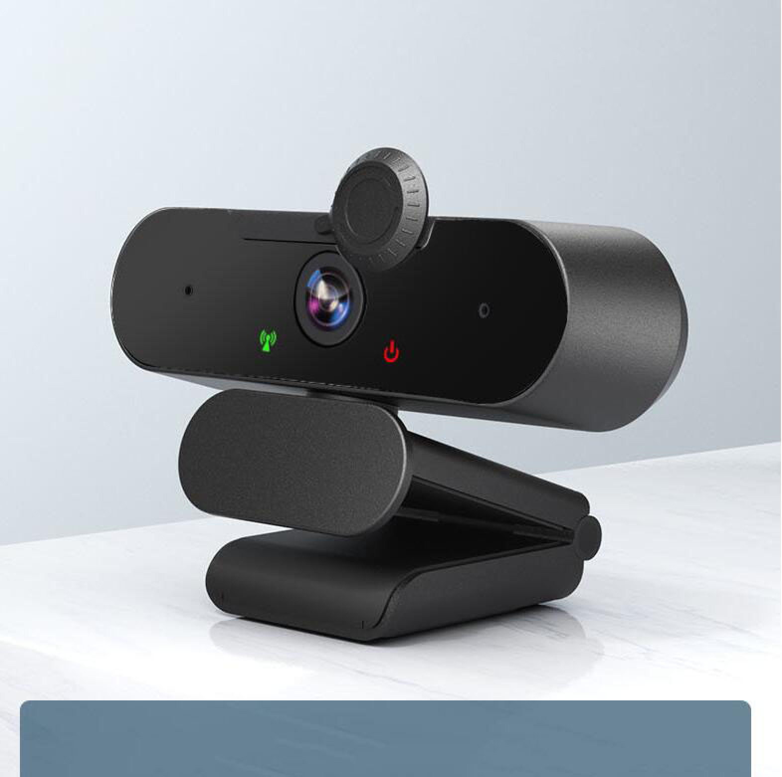 Schwarze Webcam mit verstellbarem Ständer und Objektivabdeckung.