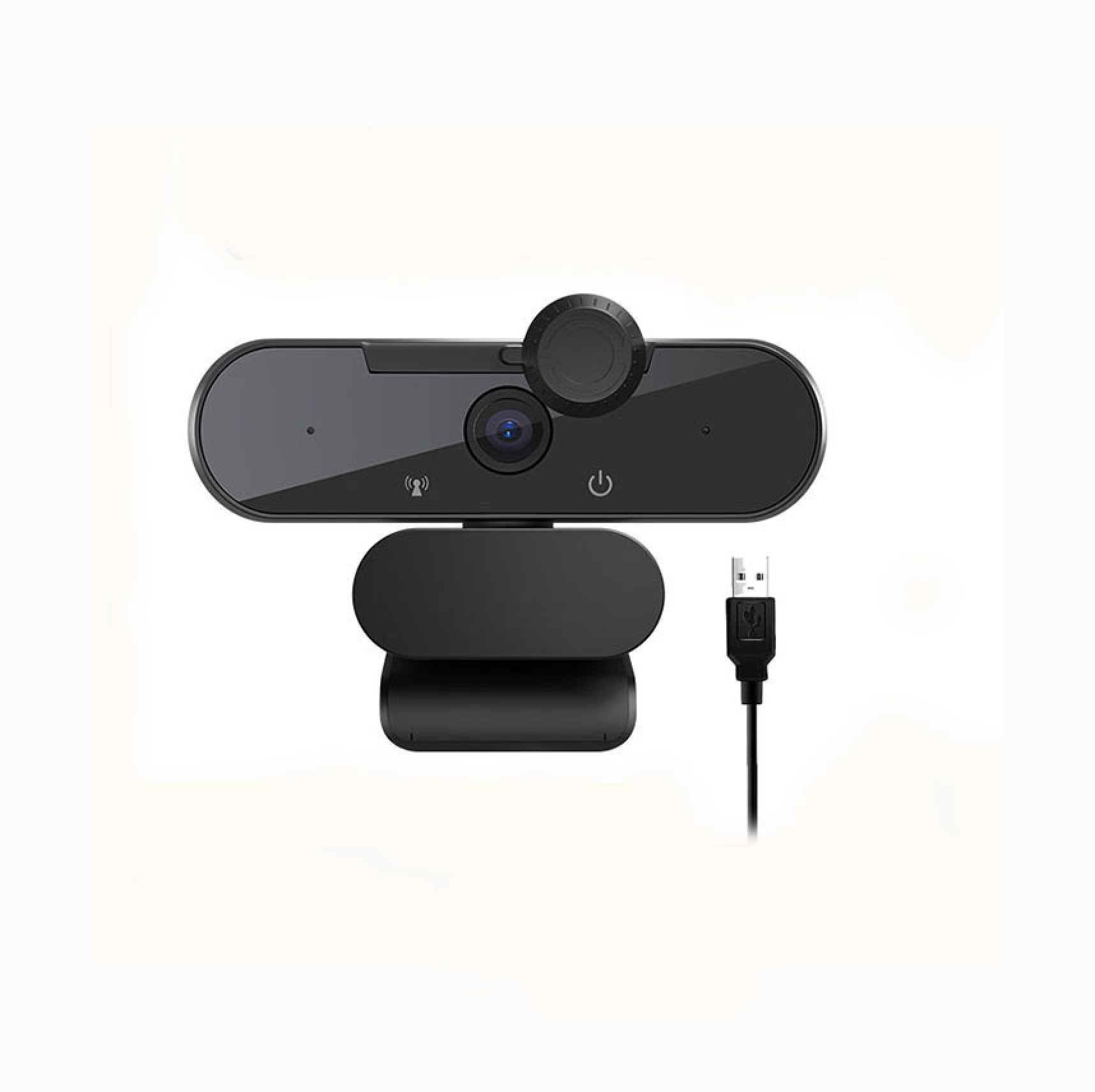 Schwarze Webcam mit USB-Kabel, auf weißem Hintergrund.