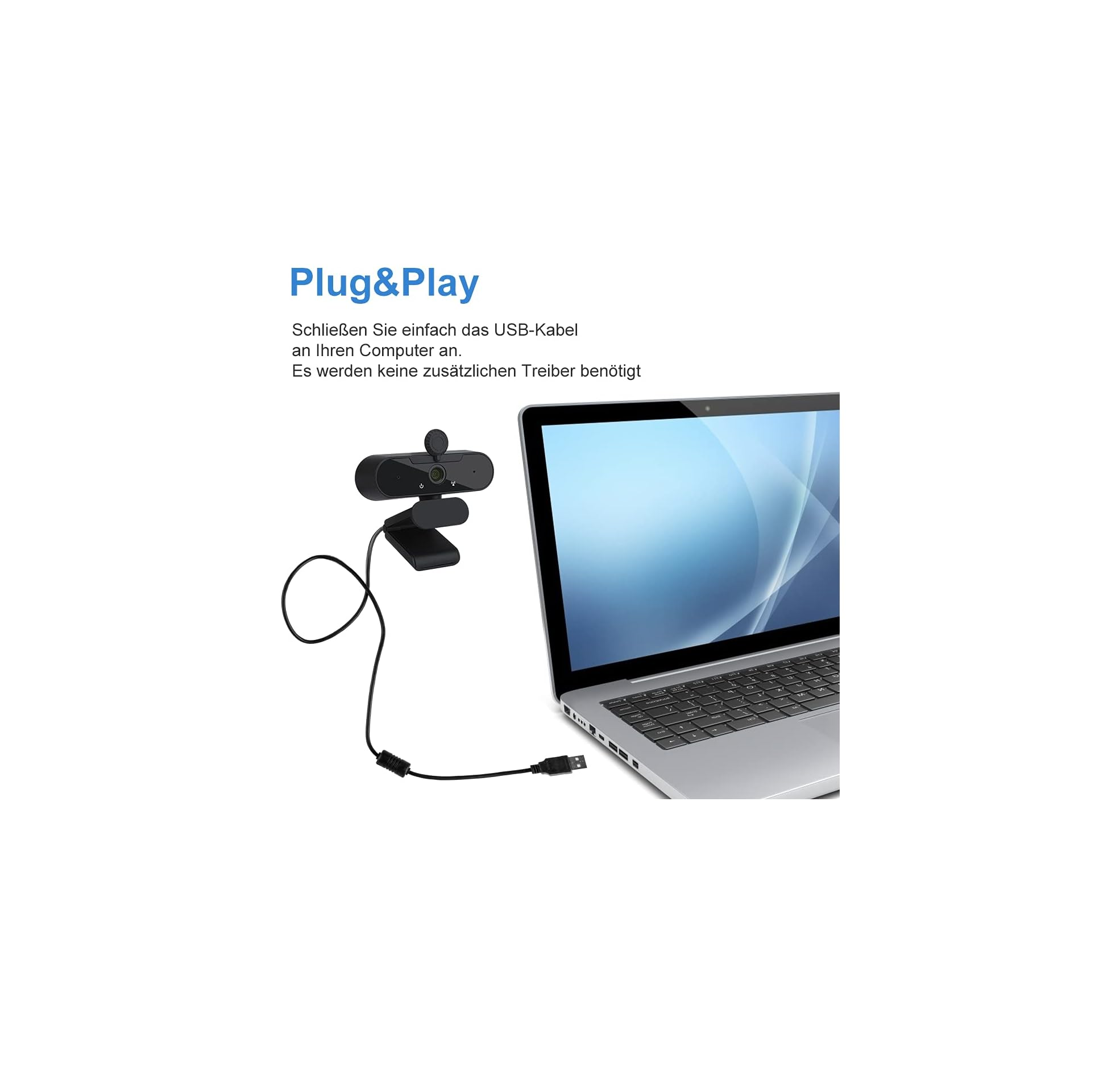 Eine schwarze Webcam mit USB-Kabel ist mit einem Laptop verbunden.