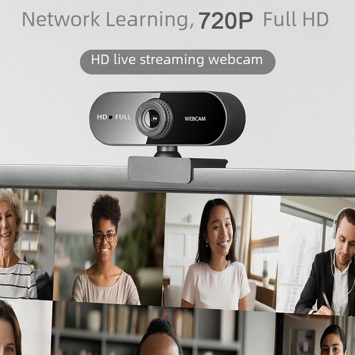 Webcam über einem Bildschirm mit mehreren Personen im Videocall.