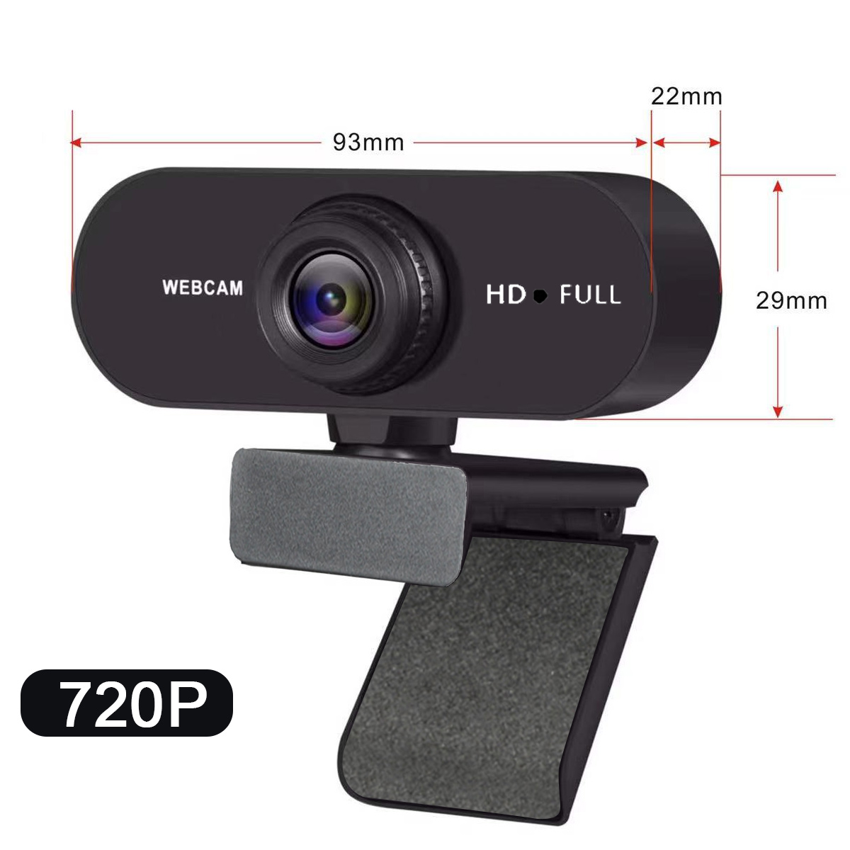 Schwarze 720p HD-Webcam mit verstellbarem Ständer. Abmessungen: 93mm, 22mm, 29mm.