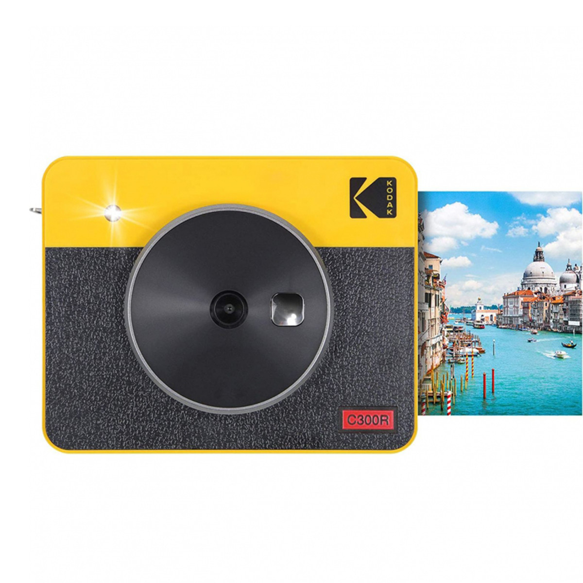 Gelbe Kodak-Kamera mit Blick auf Venedig-Kanäle und Gebäude.