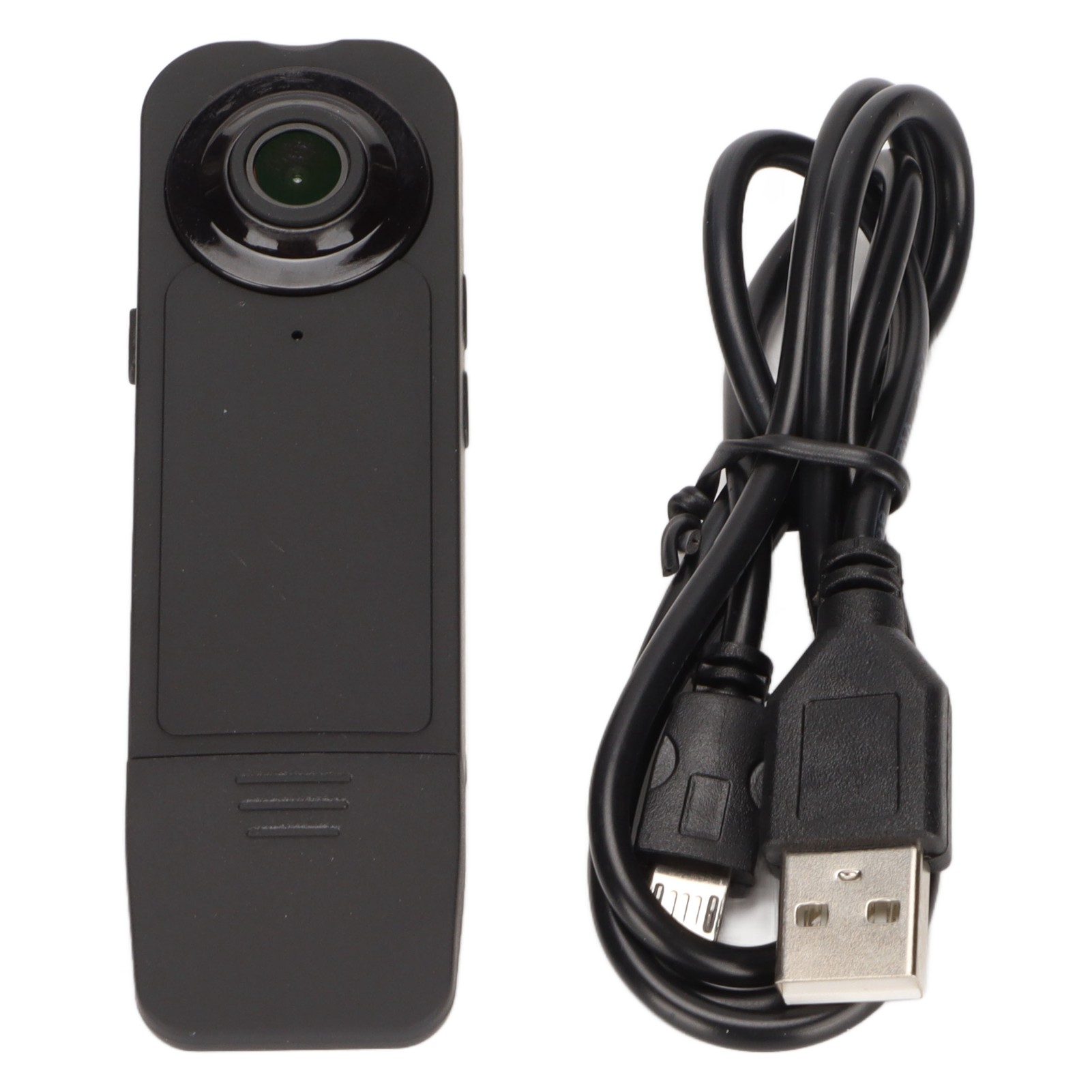 Kleine schwarze Kamera neben einem schwarzen USB-Kabel auf weißem Hintergrund.