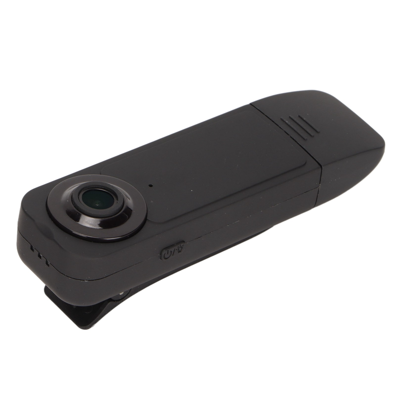 Schwarze Mini-Kamera mit Clip und Linse.