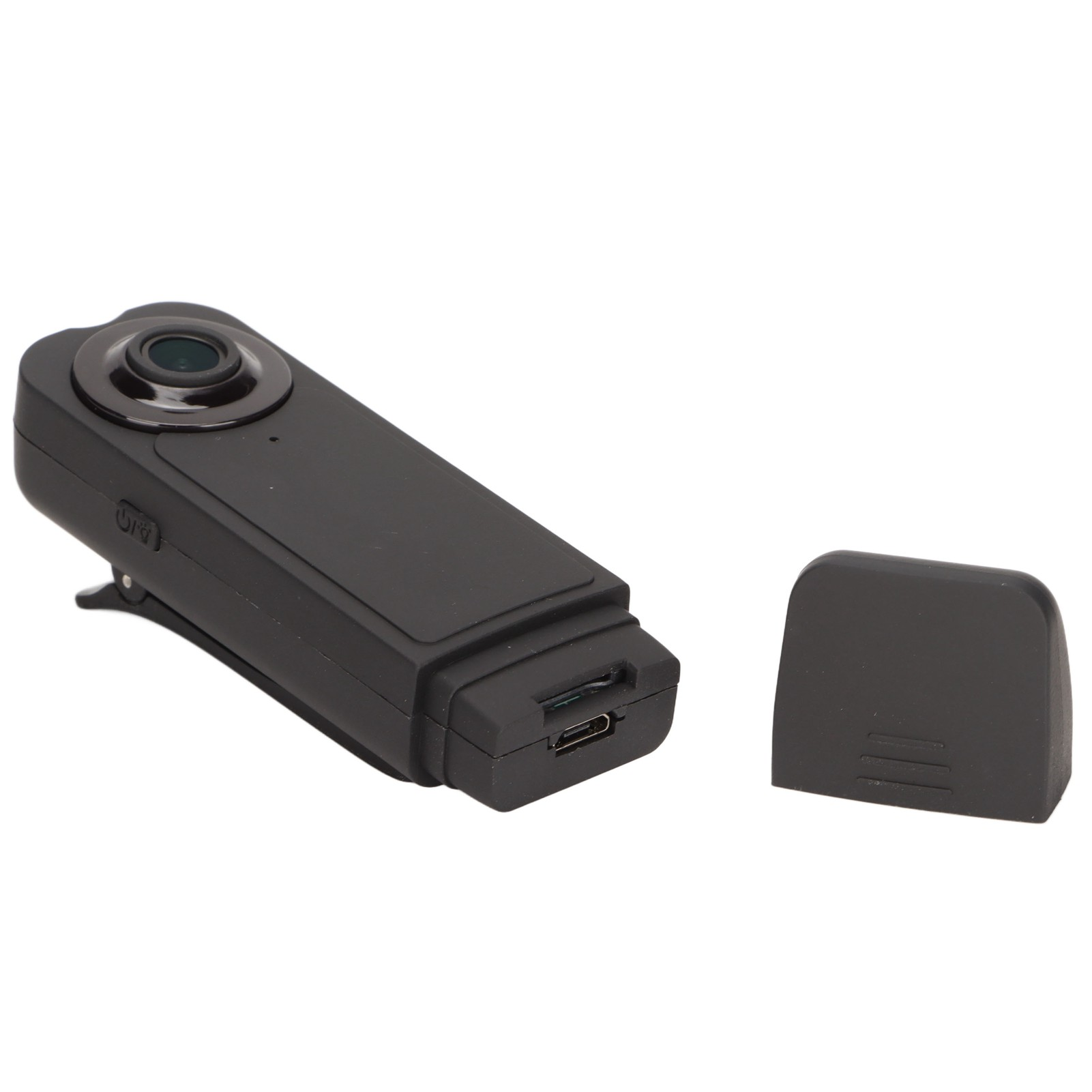 Schwarze Mini-Kamera mit Clip, daneben die Schutzkappe.
