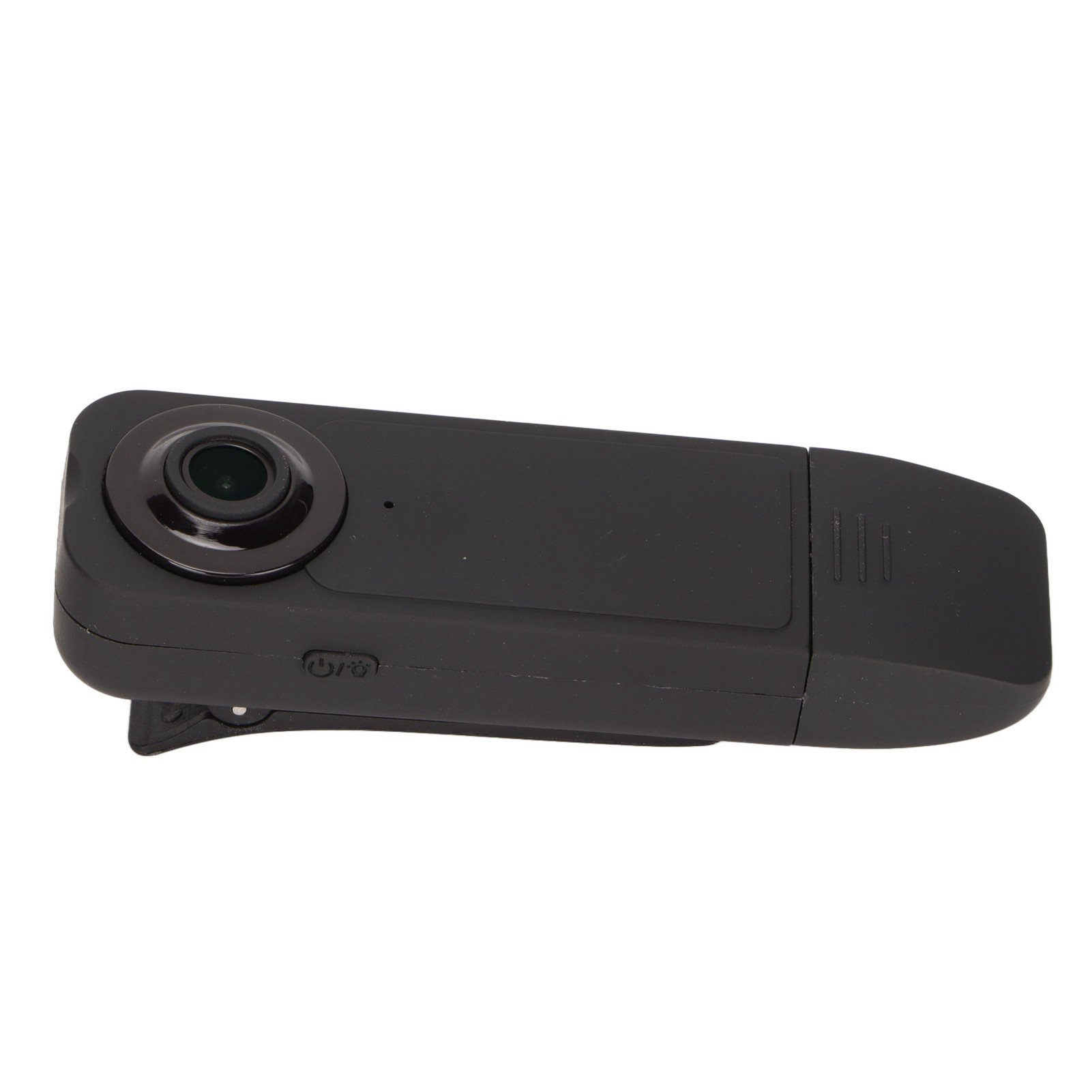 Schwarze Mini-Kamera mit Clip, Linse vorne, Power-Symbol unten.
