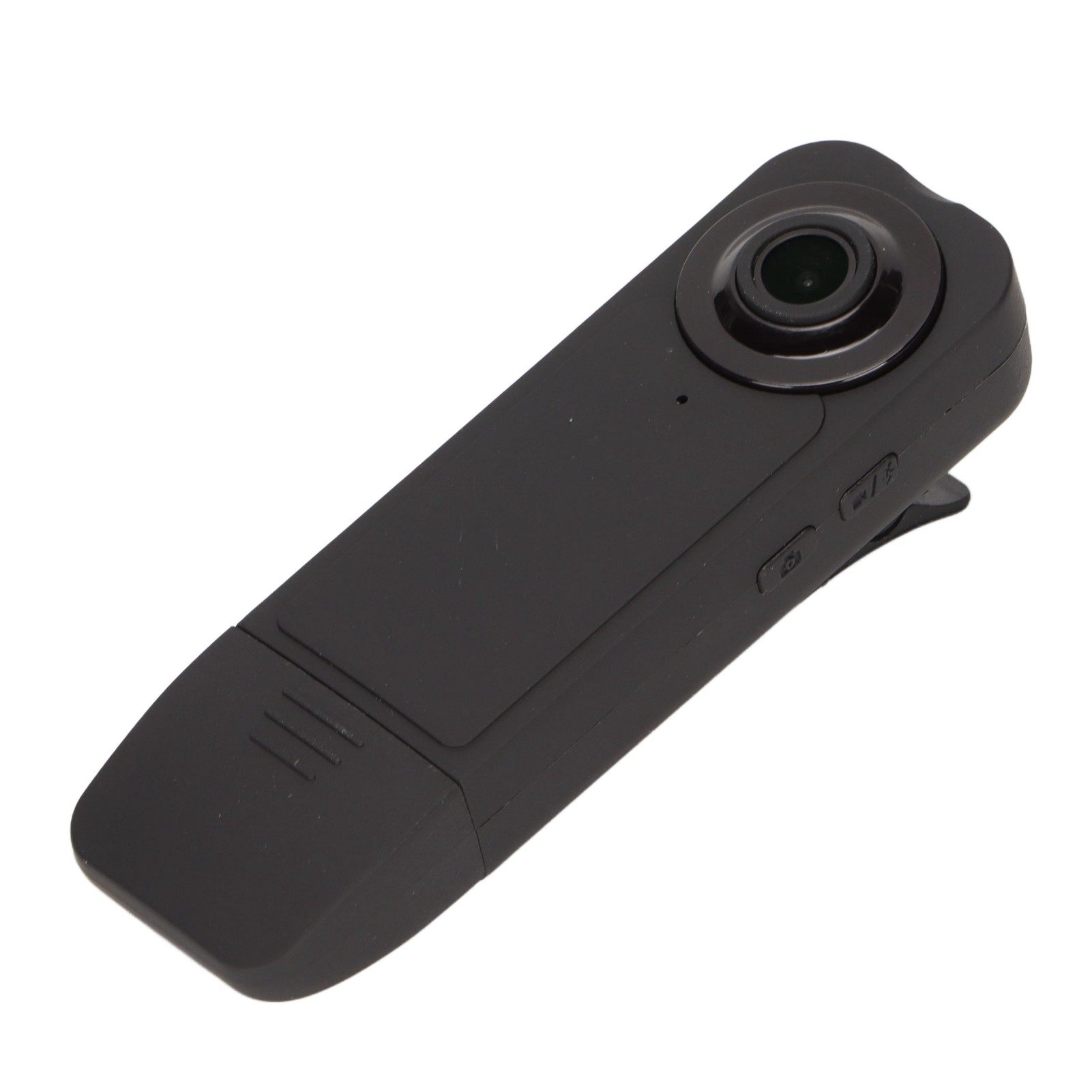 Kleine schwarze Mini-Kamera mit Objektiv und Clip.