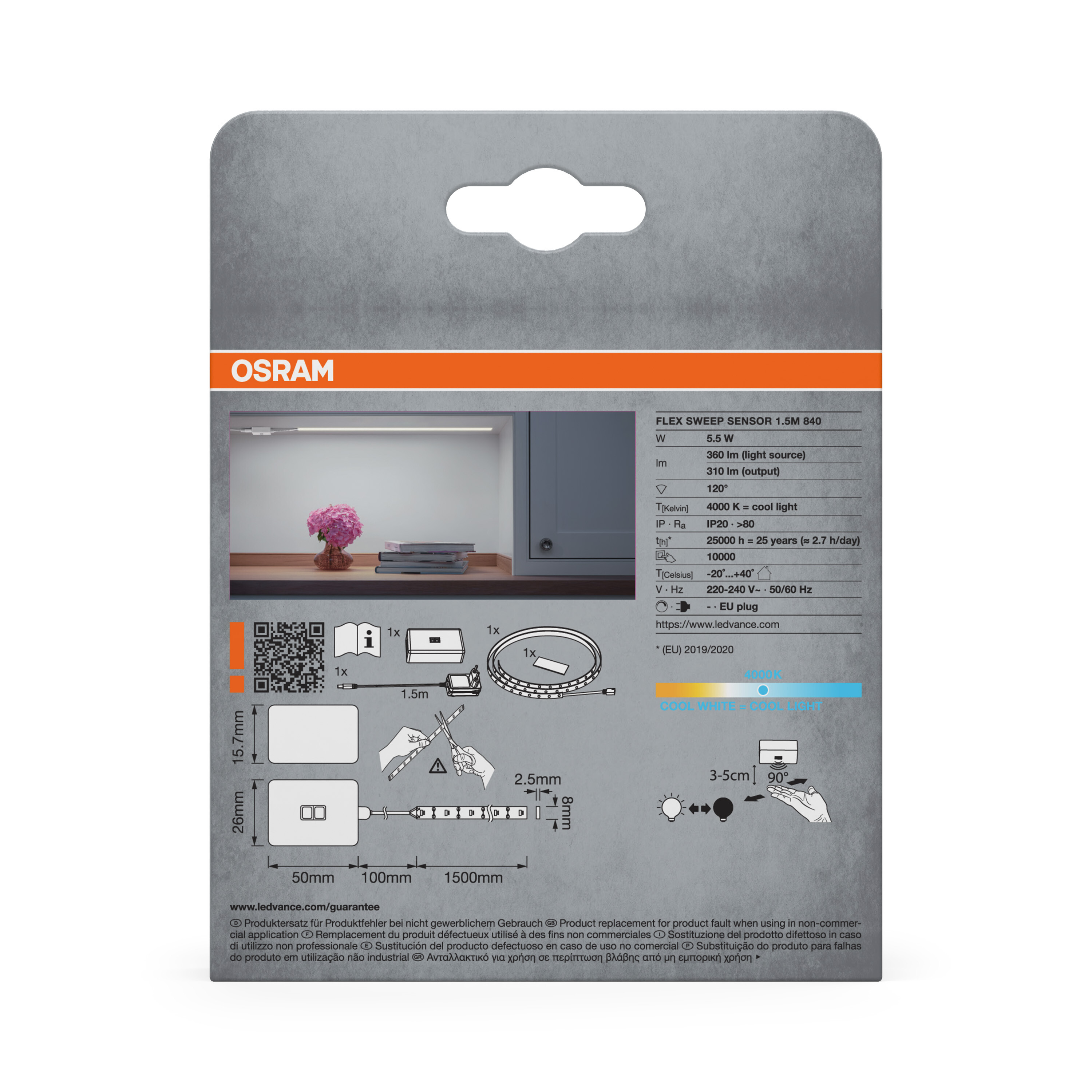 Osram-Verpackung zeigt einen LED-Streifen mit Sensor, Spezifikationen und Installationsanleitung.