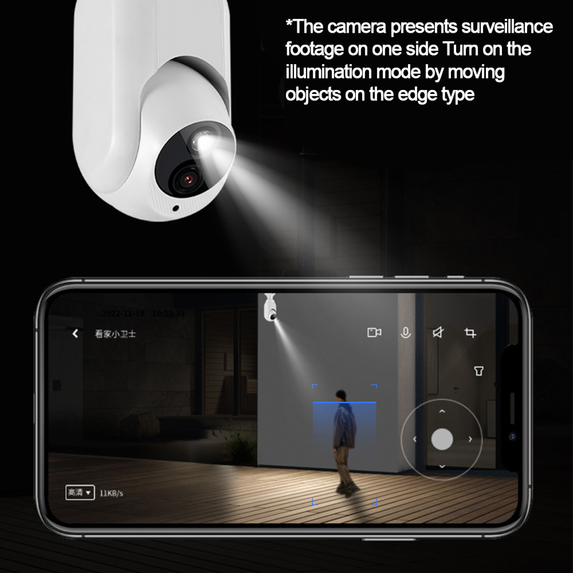 Eine weiße Überwachungskamera mit Lichtstrahl und ein Smartphone zeigen eine Person.