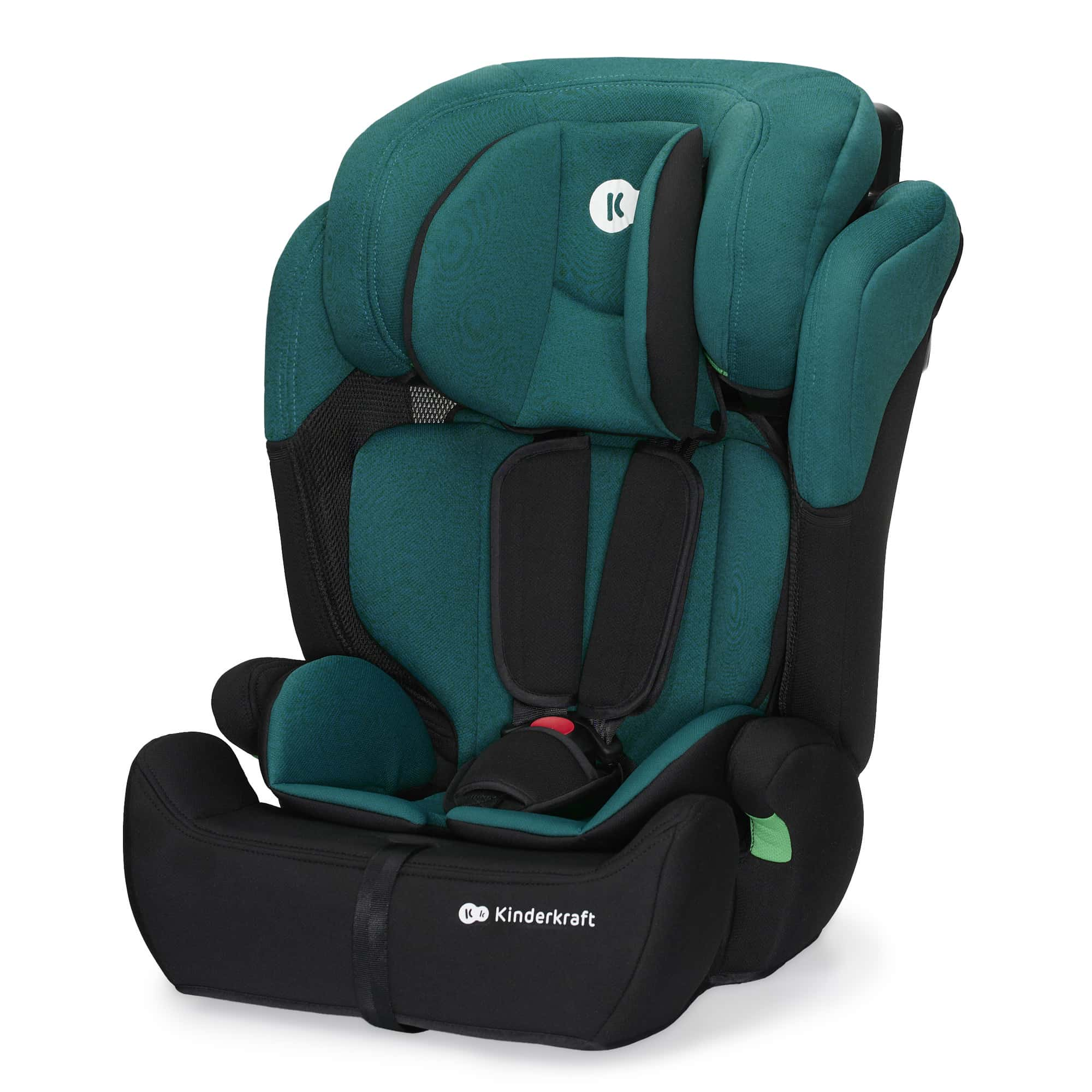 Ein türkisfarbener und schwarzer Kindersitz mit verstellbarer Kopfstütze und Gurt.