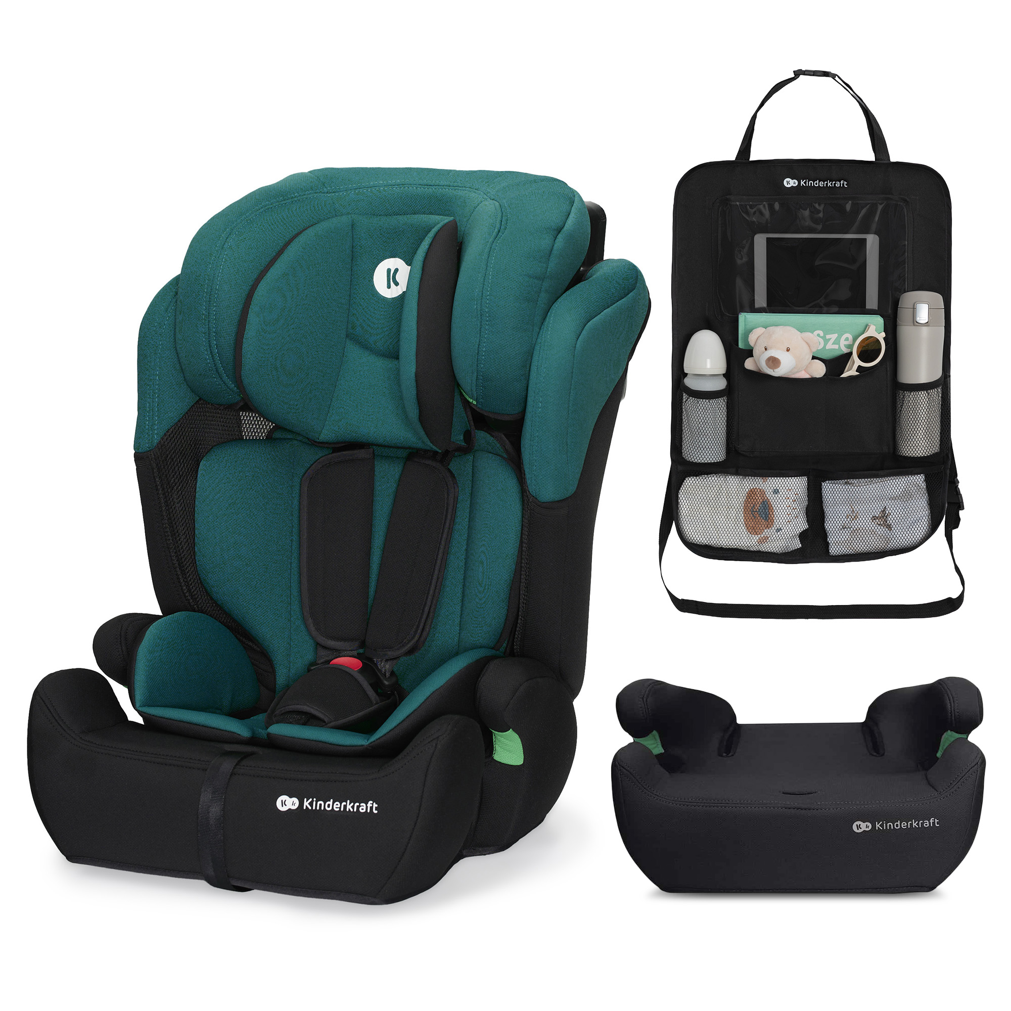 Drei Kinderautositze: ein Kindersitz, ein Rücksitz-Organizer und ein Autositz-Booster.