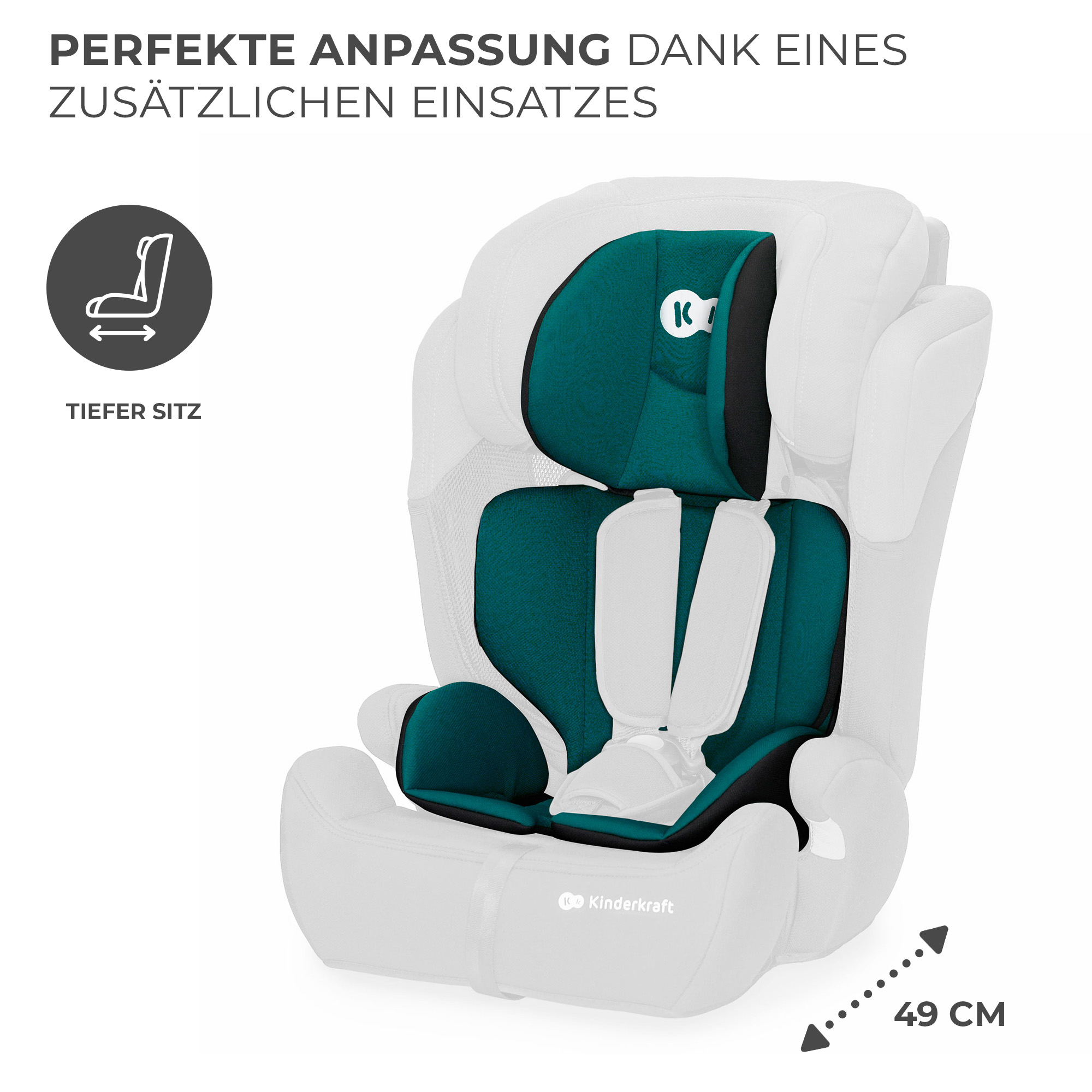 Ein Kindersitz mit petrolfarbenen Einsätzen und weißen Gurten.
