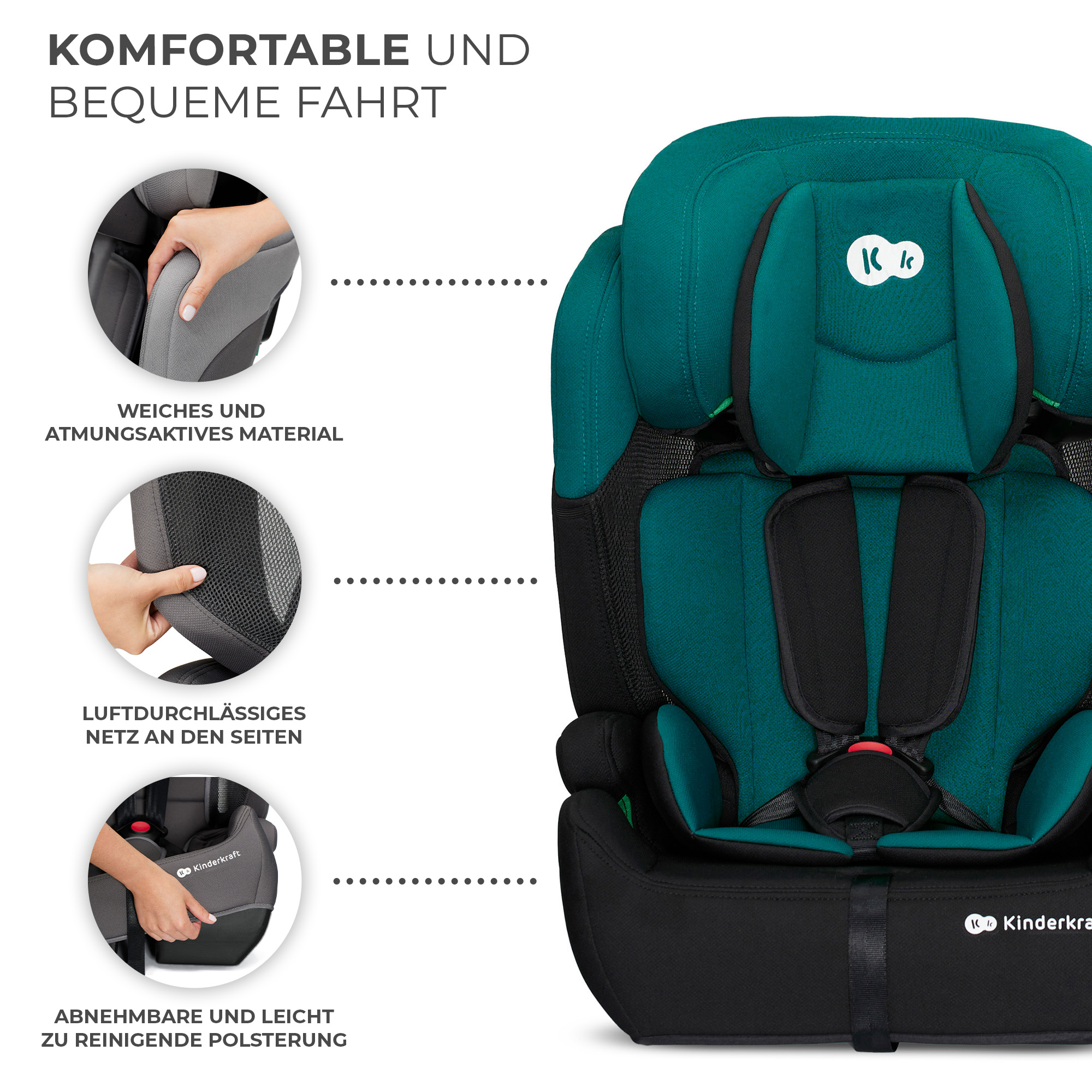 Grüner Autositz mit schwarzer Basis. Nahaufnahmen zeigen weiches Material, Netzseiten und abnehmbare Polsterung.