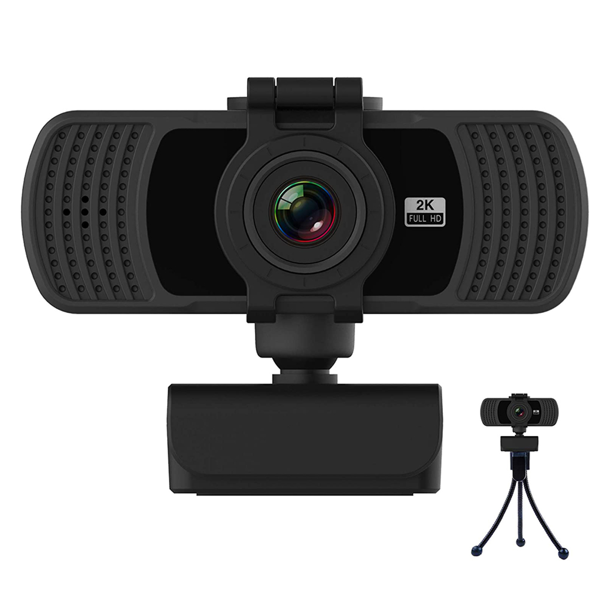 Eine schwarze Webcam mit 2K Full HD-Auflösung steht auf einem Stativ.