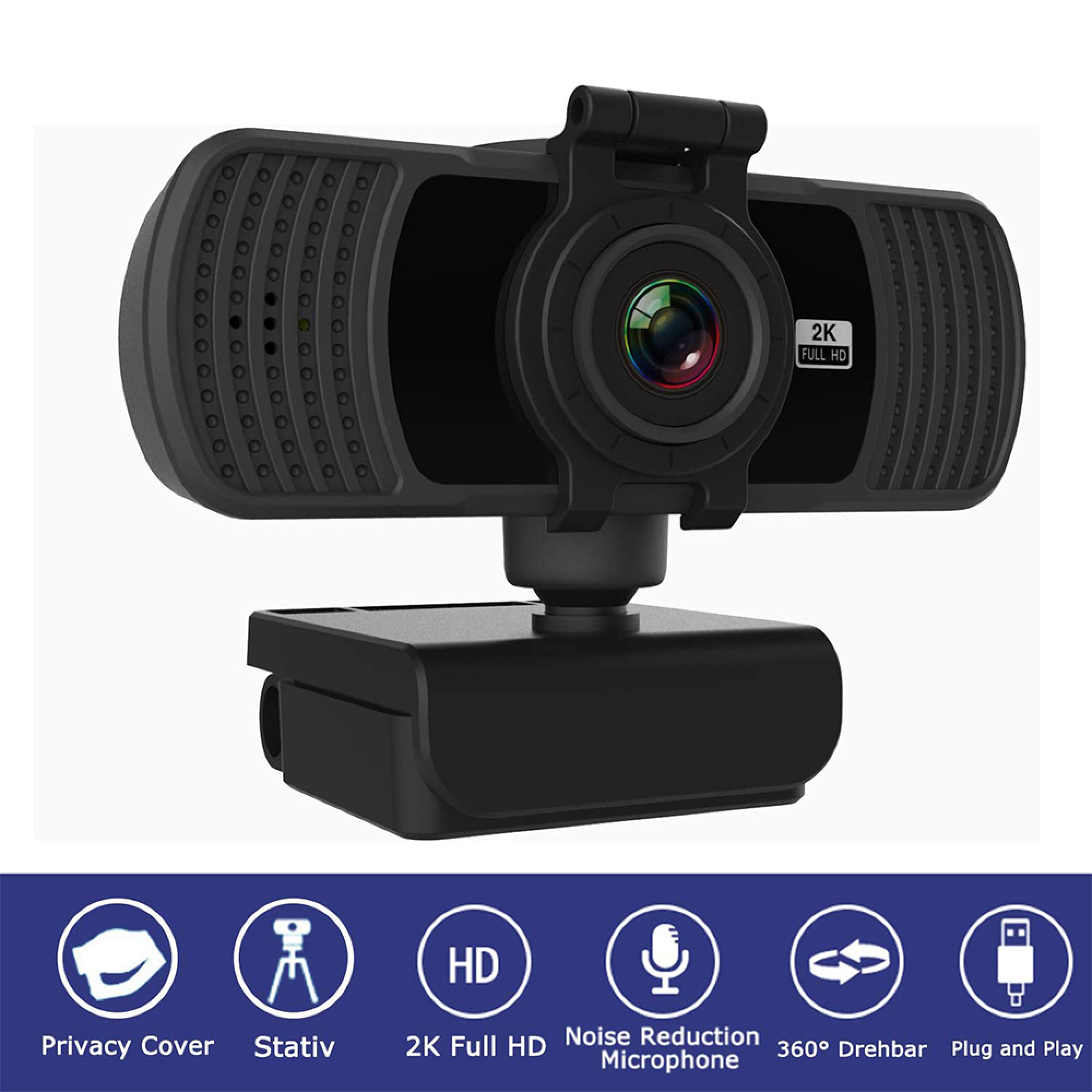 Eine schwarze 2K-Webcam mit Mikrofon und Stativ auf weißem Hintergrund.