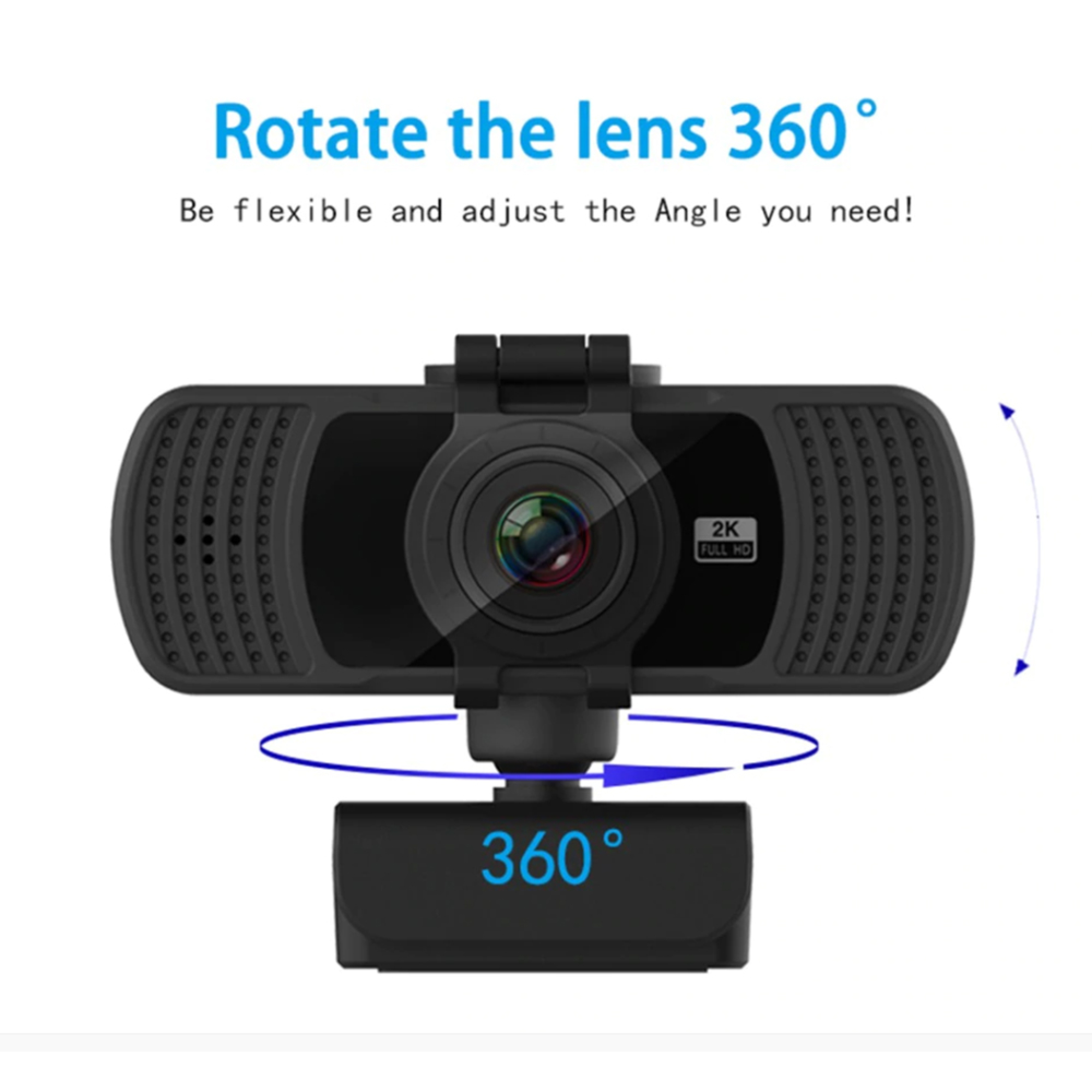 Eine schwarze Webcam mit schwenkbarem Objektiv und 360-Grad-Drehung.
