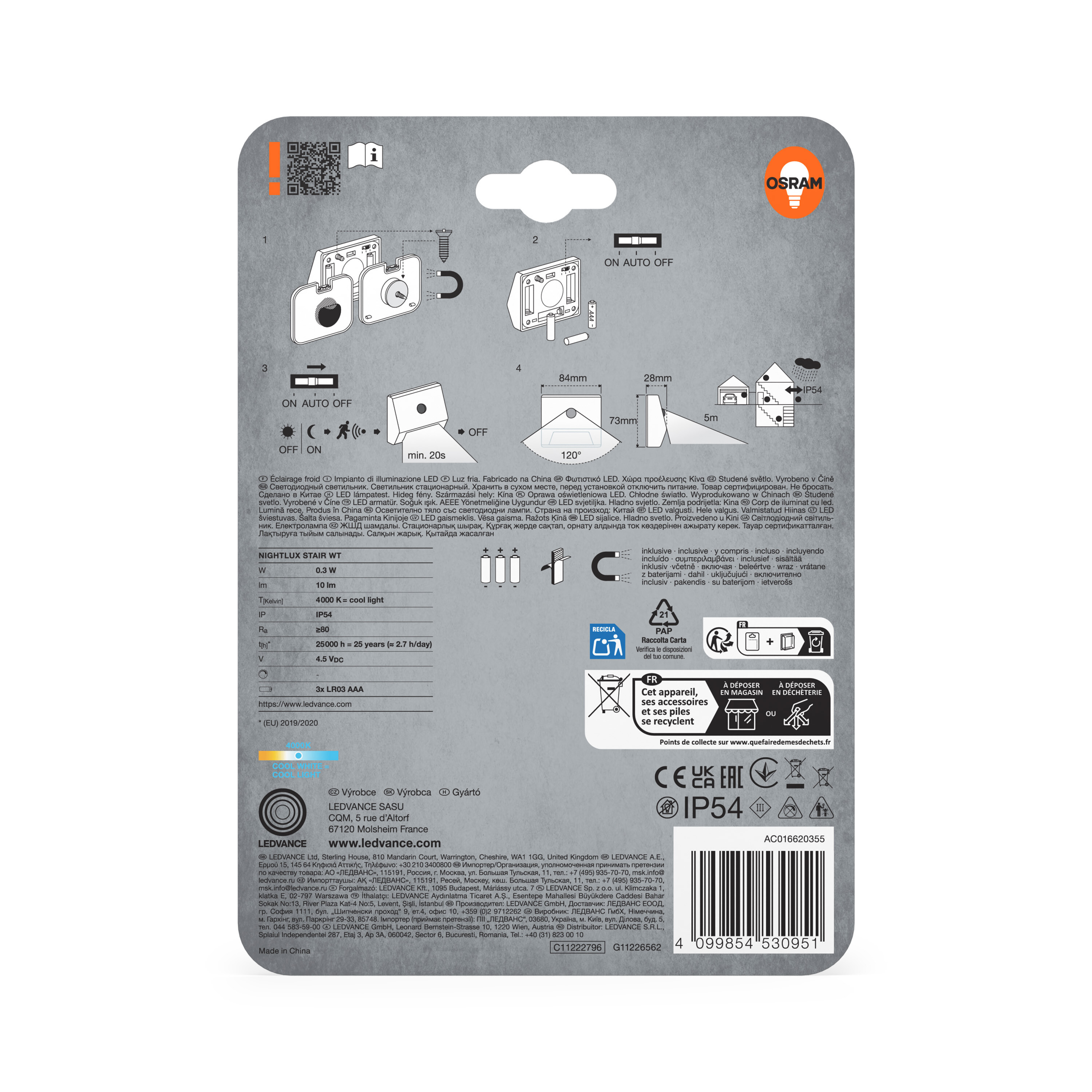 Osram Nachtlicht-Verpackung mit technischen Daten, Diagrammen und mehrsprachigen Informationen.
