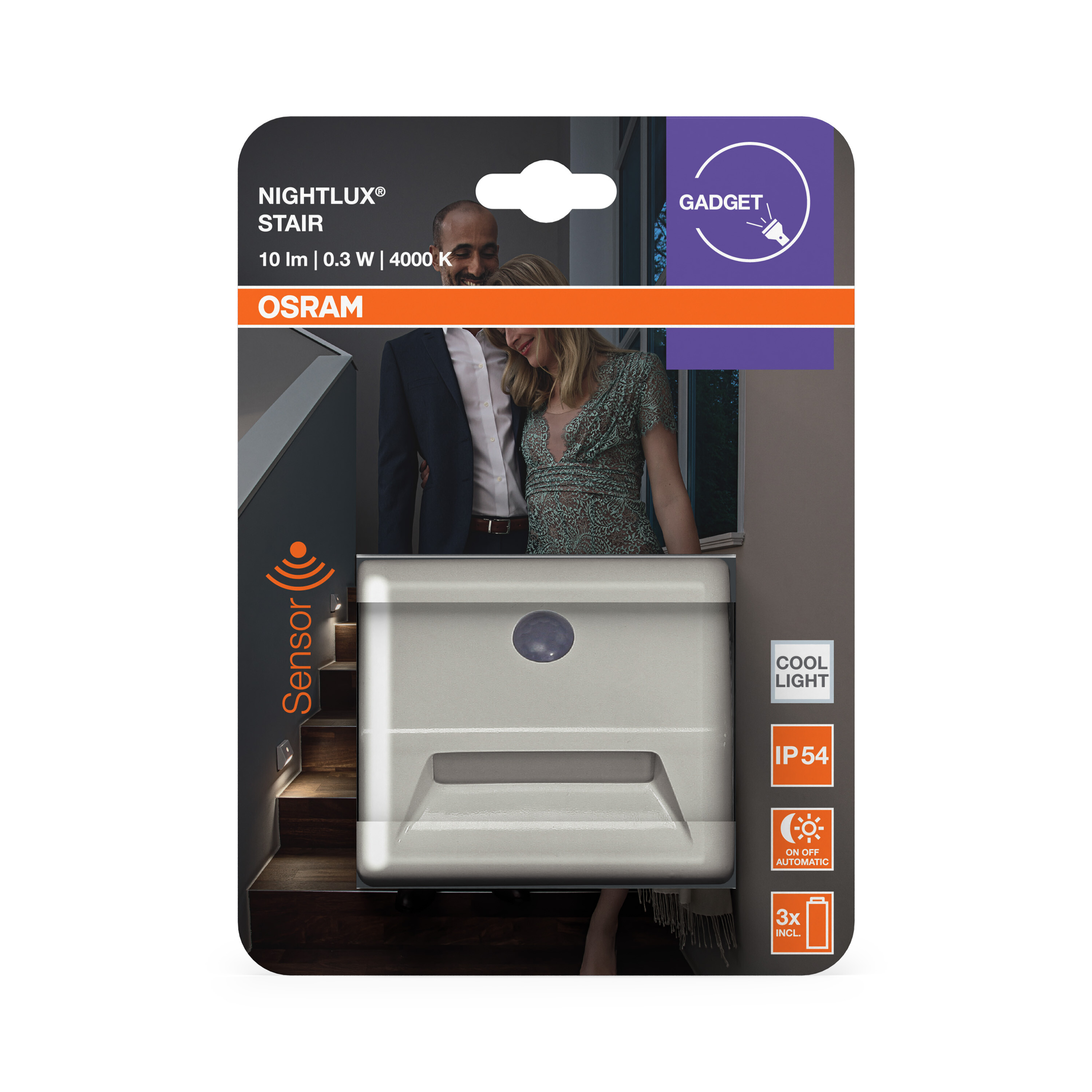 Verpackung für Osram Nightlux Treppenlicht mit Paar und Treppe.