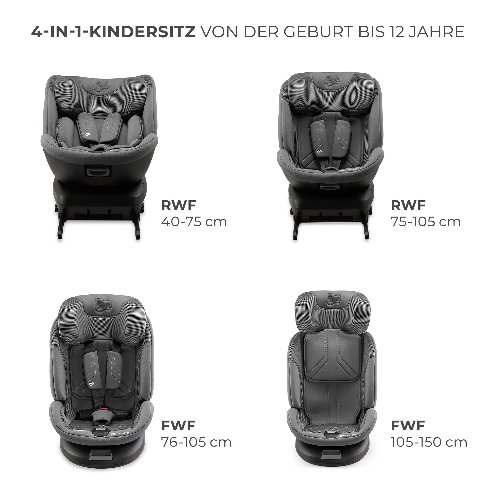 Vier Kindersitze in Grau, verschiedene Größen und Ausrichtungen.