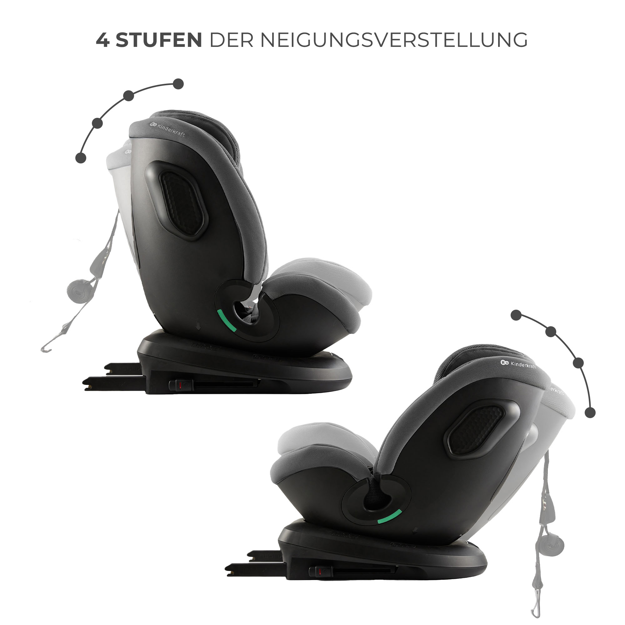Grauer Kindersitz mit vier Neigungsstufen, auf weißem Hintergrund.
